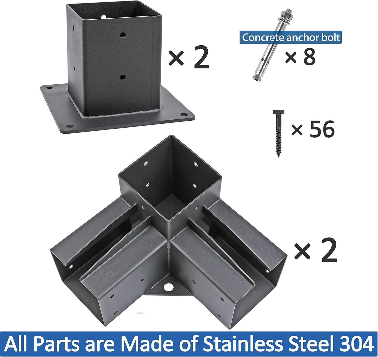Pergola Brackets Stainless Steel Pergola Kit 3-Way Right Corner Bracket with Flange Anchors for 4"x 4" (Actual 3.5" X 3.5") Lumber, 2pack