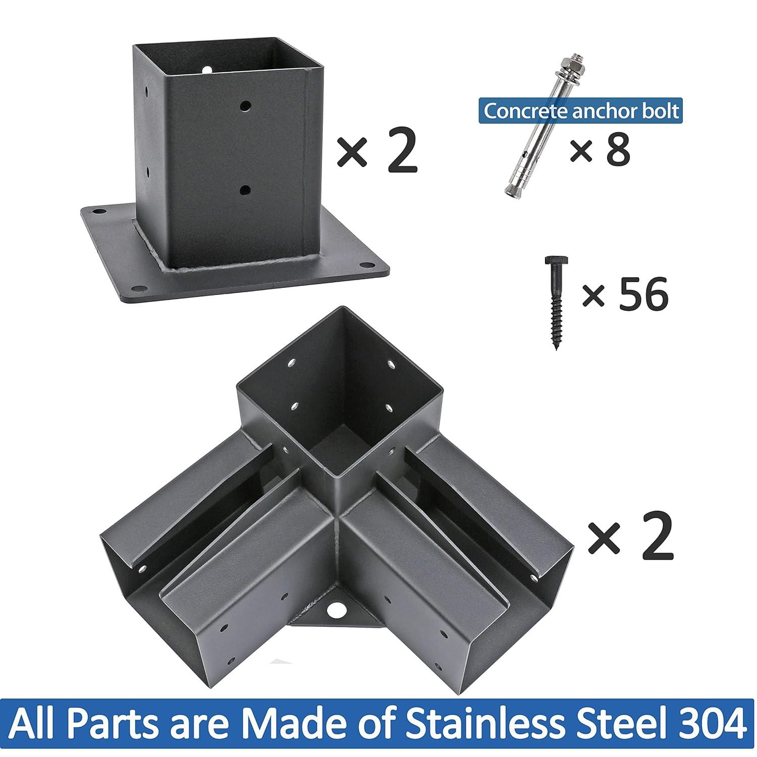 Pergola Brackets Stainless Steel Pergola Kit 3-Way Right Corner Bracket with Flange Anchors for 4"x 4" (Actual 3.5" X 3.5") Lumber, 2pack