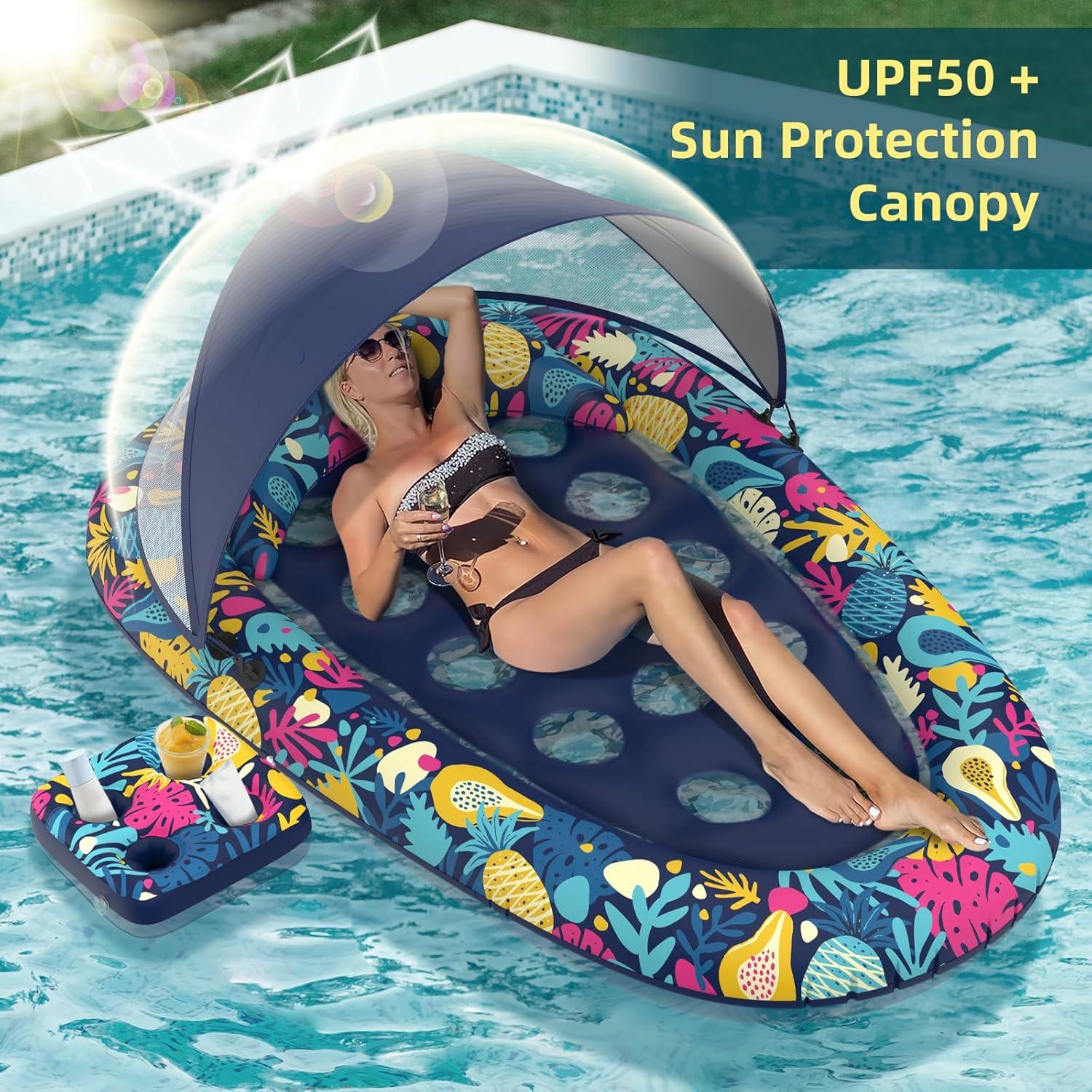 3-in-1 Pool Floats with Canopy Cup Holder, XL Large 73" x 48" Inflatable Pool Floats for Adults Lounger Raft Floating Chair for Swimming Pool Lake Water Lounge Float Beach Pool Party Toys