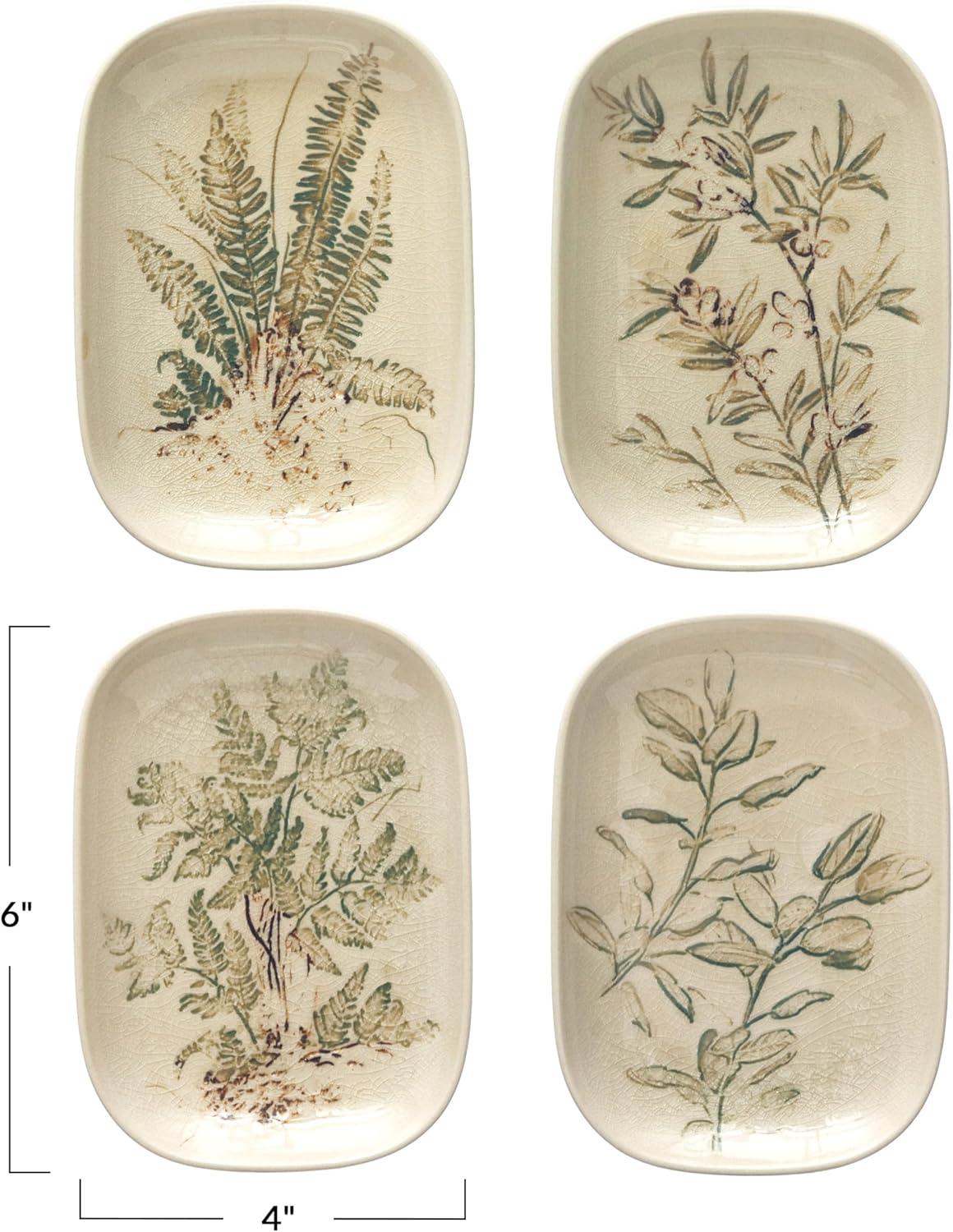 Creative Co-Op Debossed Stoneware Dish, Cream and Green Reactive Glaze, Set of 4 Styles