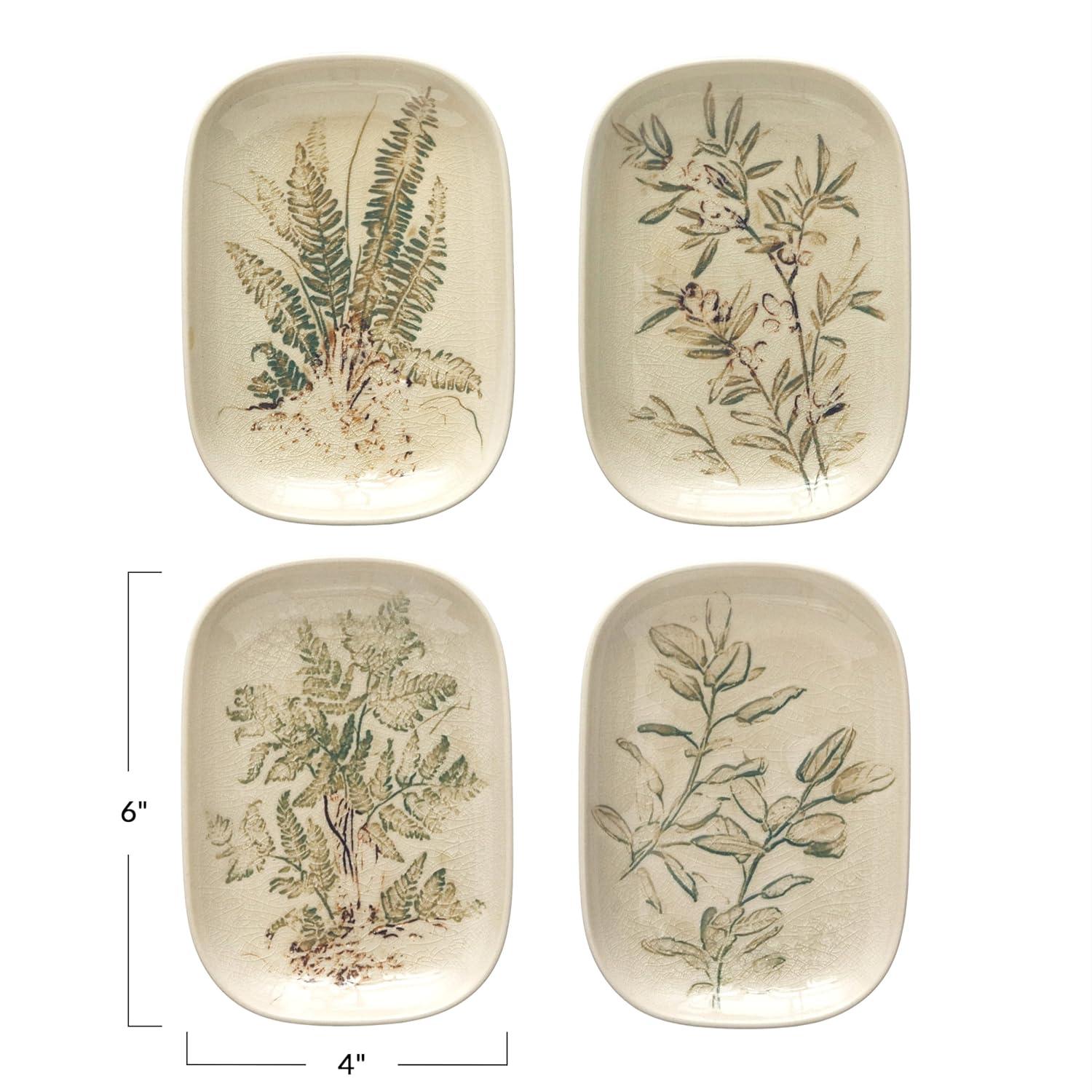 Creative Co-Op Debossed Stoneware Dish, Cream and Green Reactive Glaze, Set of 4 Styles