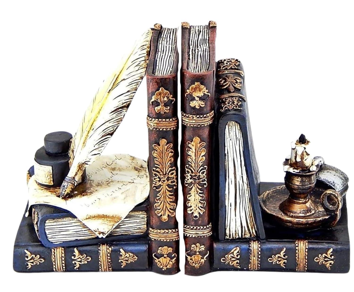 Bellaa 26324 Vintage Bookends Wizard Feather Quill Pen and Ink Bottle with Oil Lamp Antique Style Farmhouse Cottage Lodge Magic Home Decor