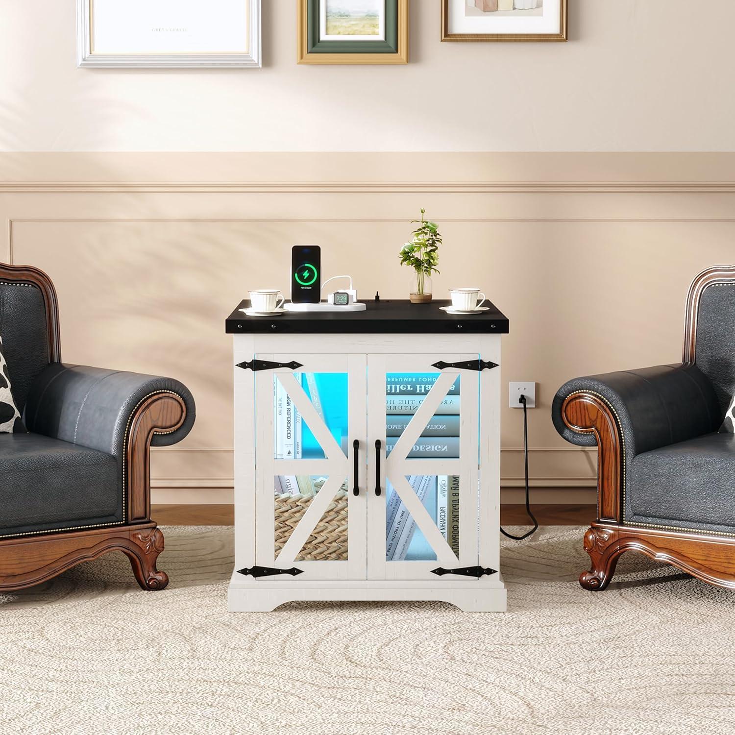 JXQTLINGMU Farmhouse End Table, 24" Large Sofa Side Table with Charging Station, Mesh Barn Door, and Adjustable Storage Shelf, Rustic Wood Square Nightstand for Living Room, Bedroom, Office, White