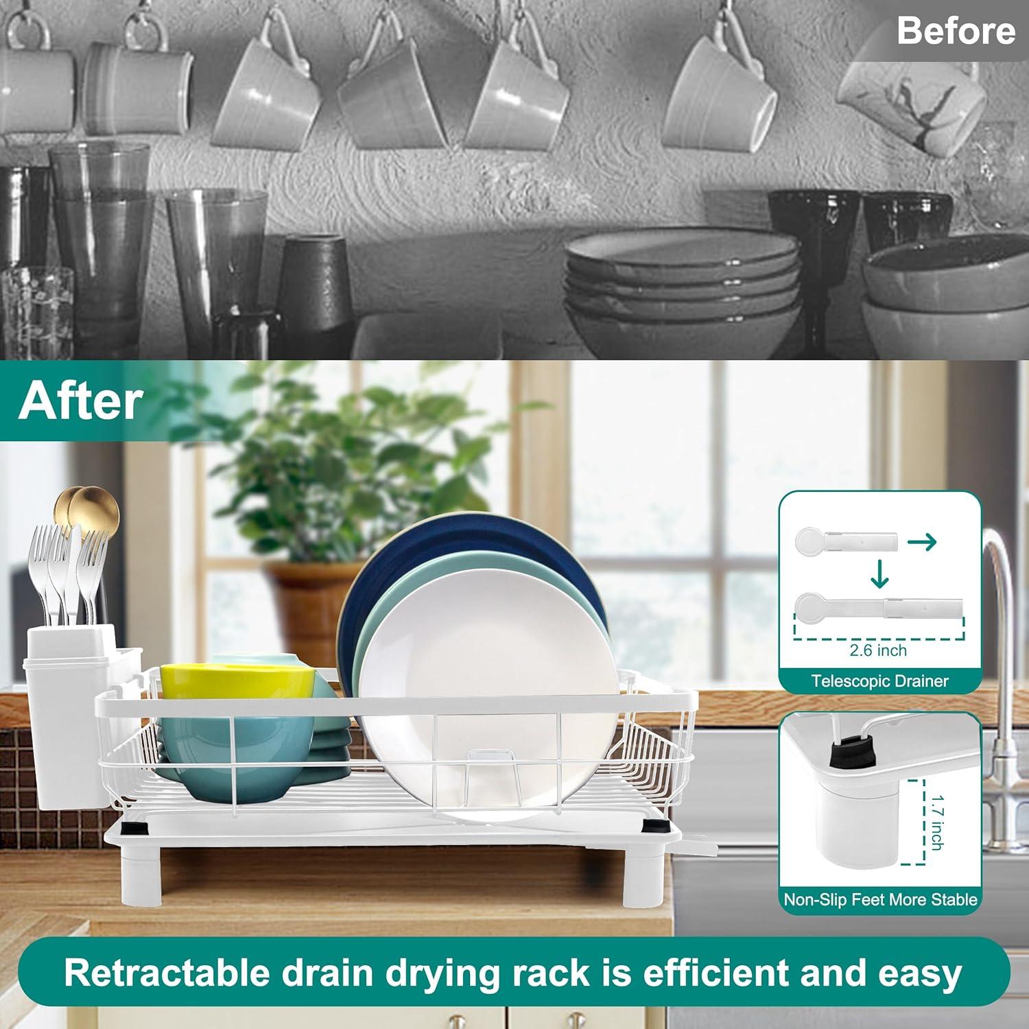 Dish Drying Rack for Kitchen Counter,Space-Saving Dish Rack with Drainboard,Rustproof Countertop Dish Drainer with Utensil Holder for Sink,White
