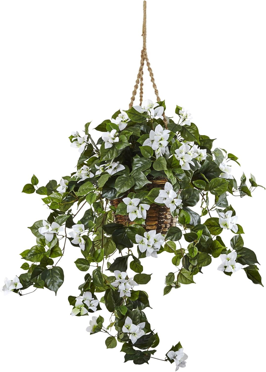 White Bougainvillea Potted Hanging Plant in Wicker Basket