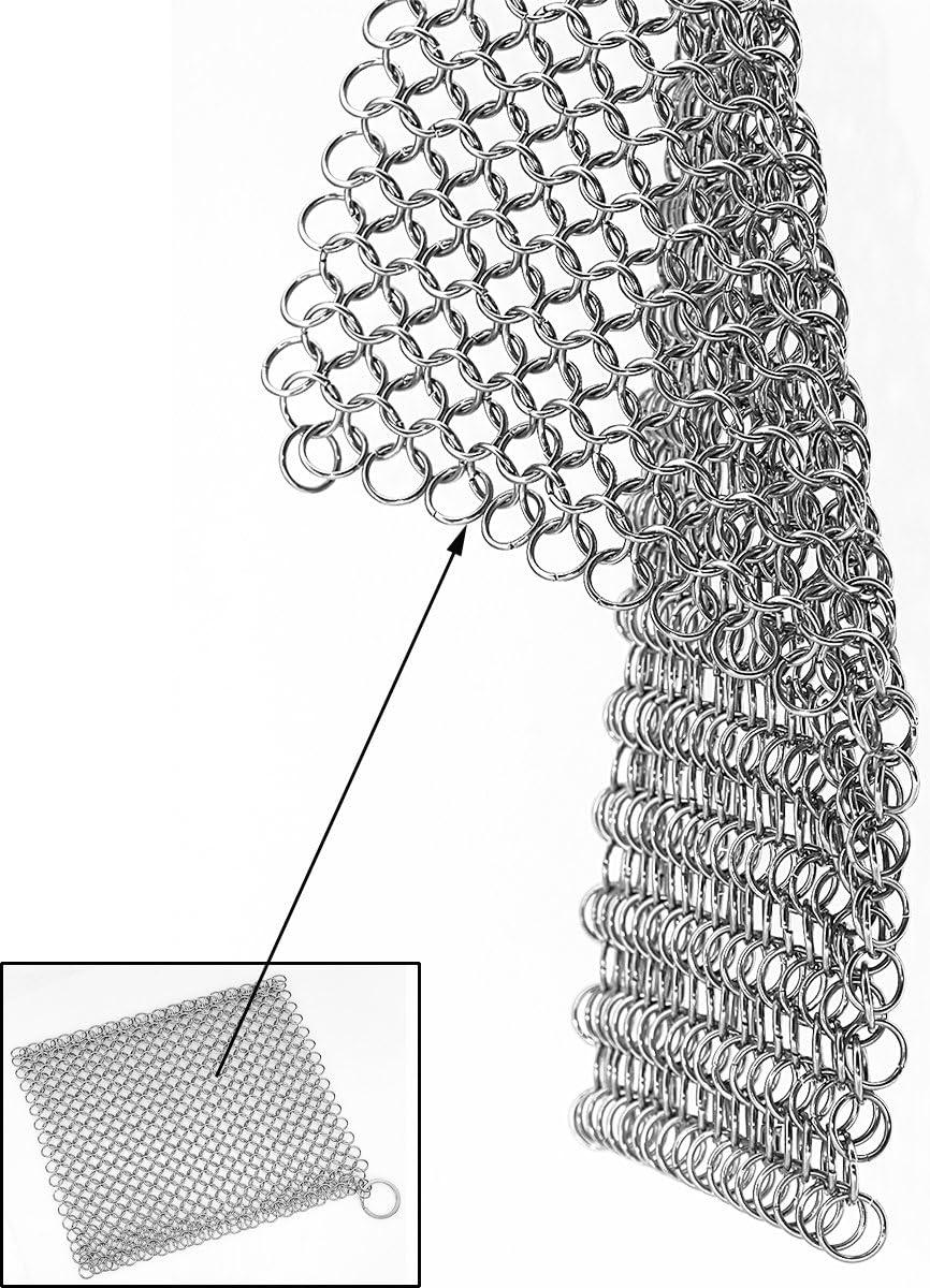 Cast Iron Scrubber 316 Stainless Steel Skillet Cleaner 8"x6" Chainmail Scrubber Scraper Chain Mail Link Scrub for Cast Iron Pre-Seasoned Pans, Griddles, BBQ Grills, and Pot Cookware Cleaning