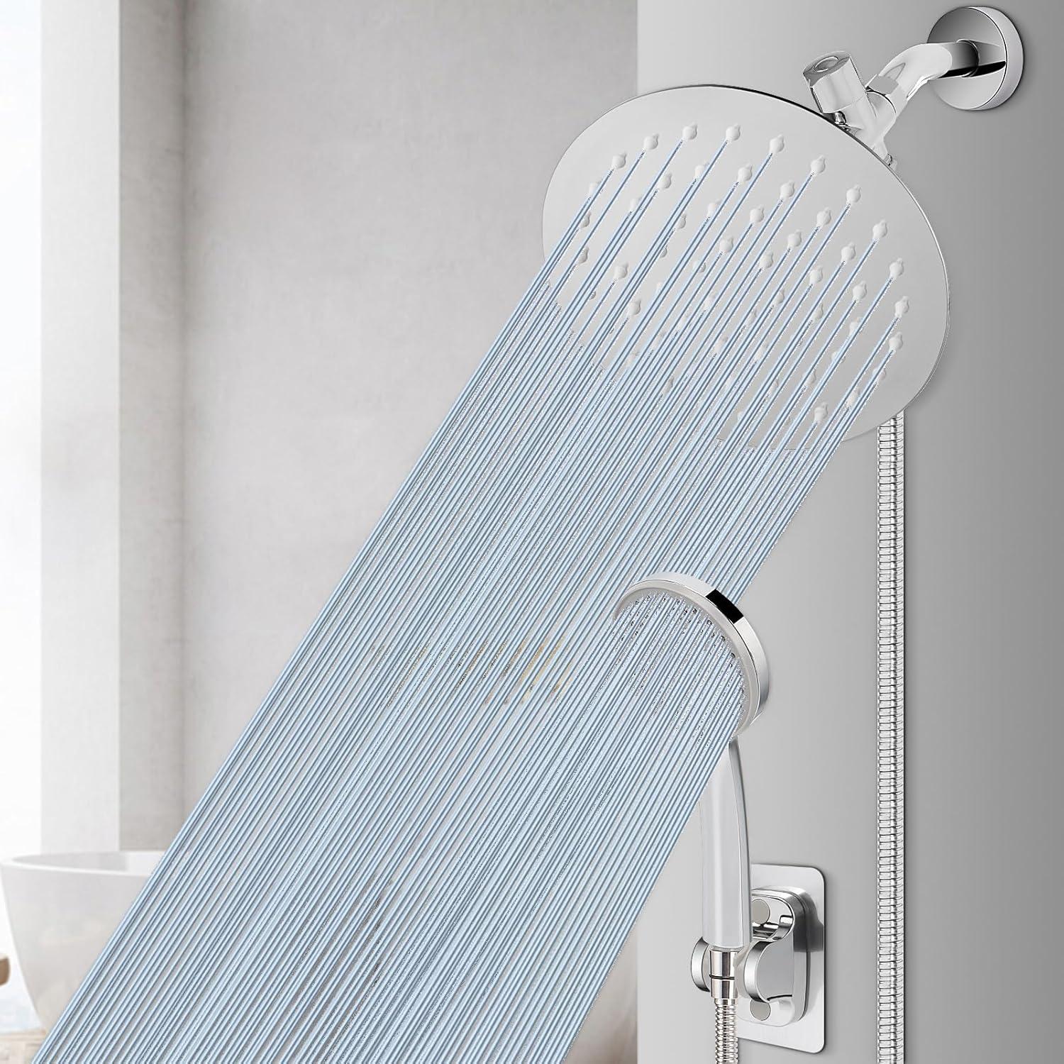 NearMoon Shower Head with Hose, High-Pressure Stainless Steel 8'' Rain Shower and 5 Settings Handheld Shower Spray Combo with Push Button Flow Control for Easy Operation (Chrome)