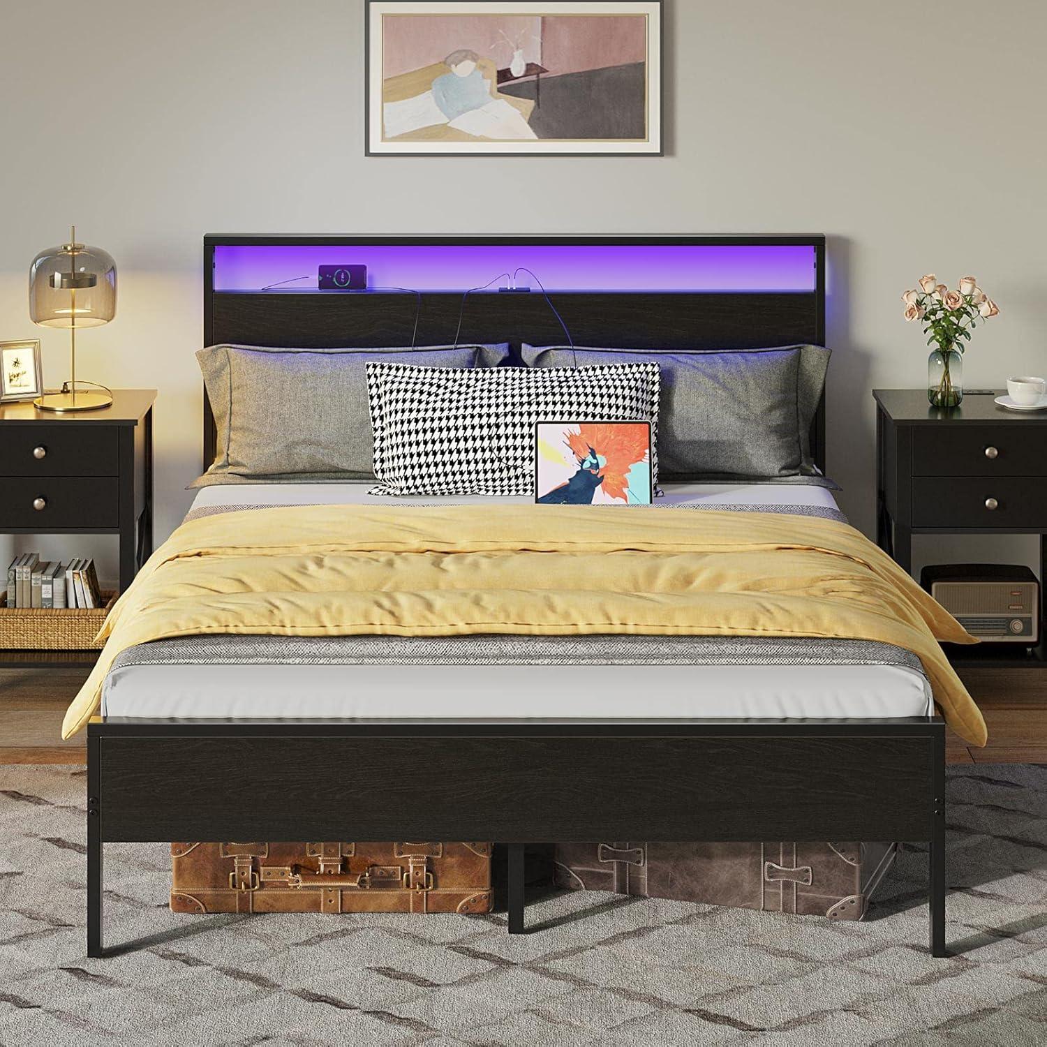 Ivy Bronx Deviana Metal Bed Frame with Headboard & Footboard and Charging Station, LED Light Included
