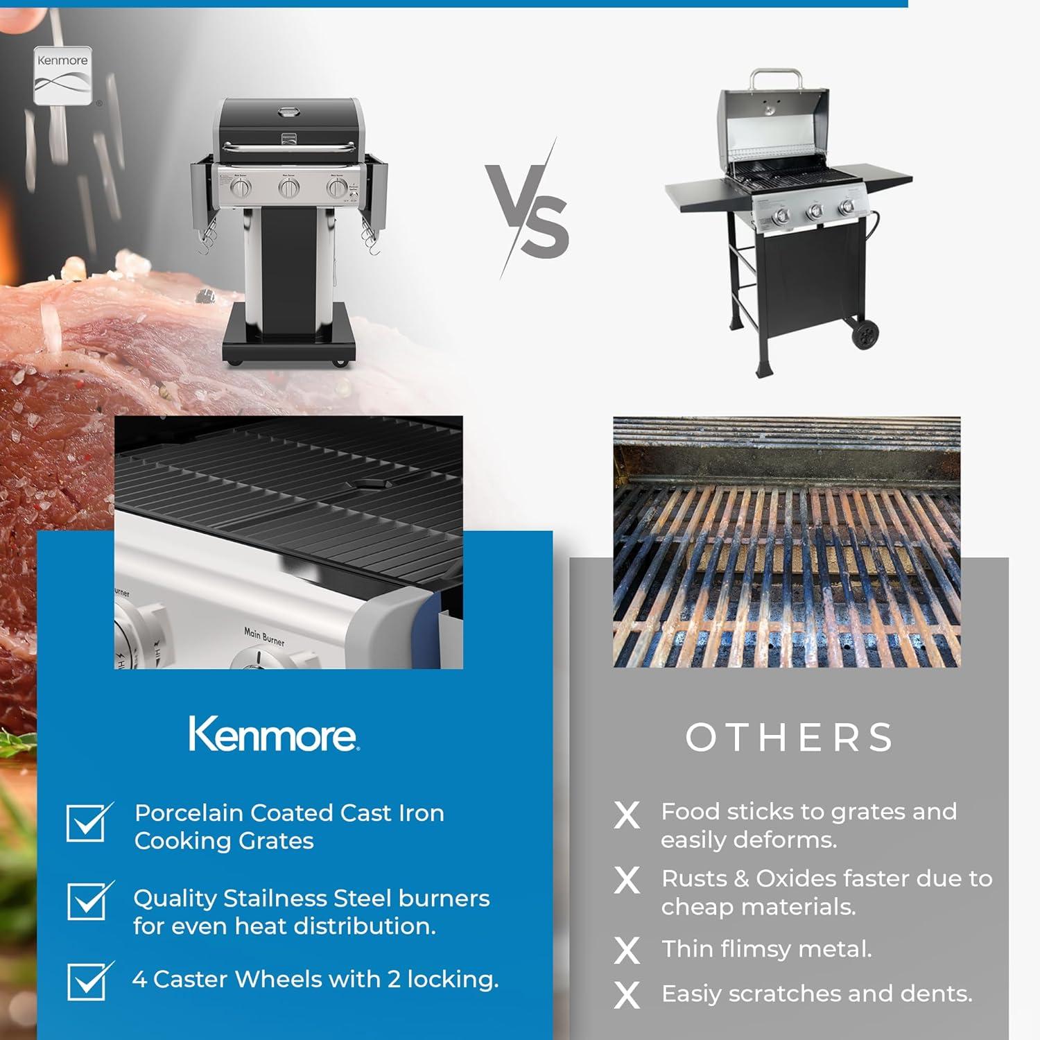 Kenmore 3-Burner Propane Gas Grill with Foldable Side Tables for Outdoor BBQ