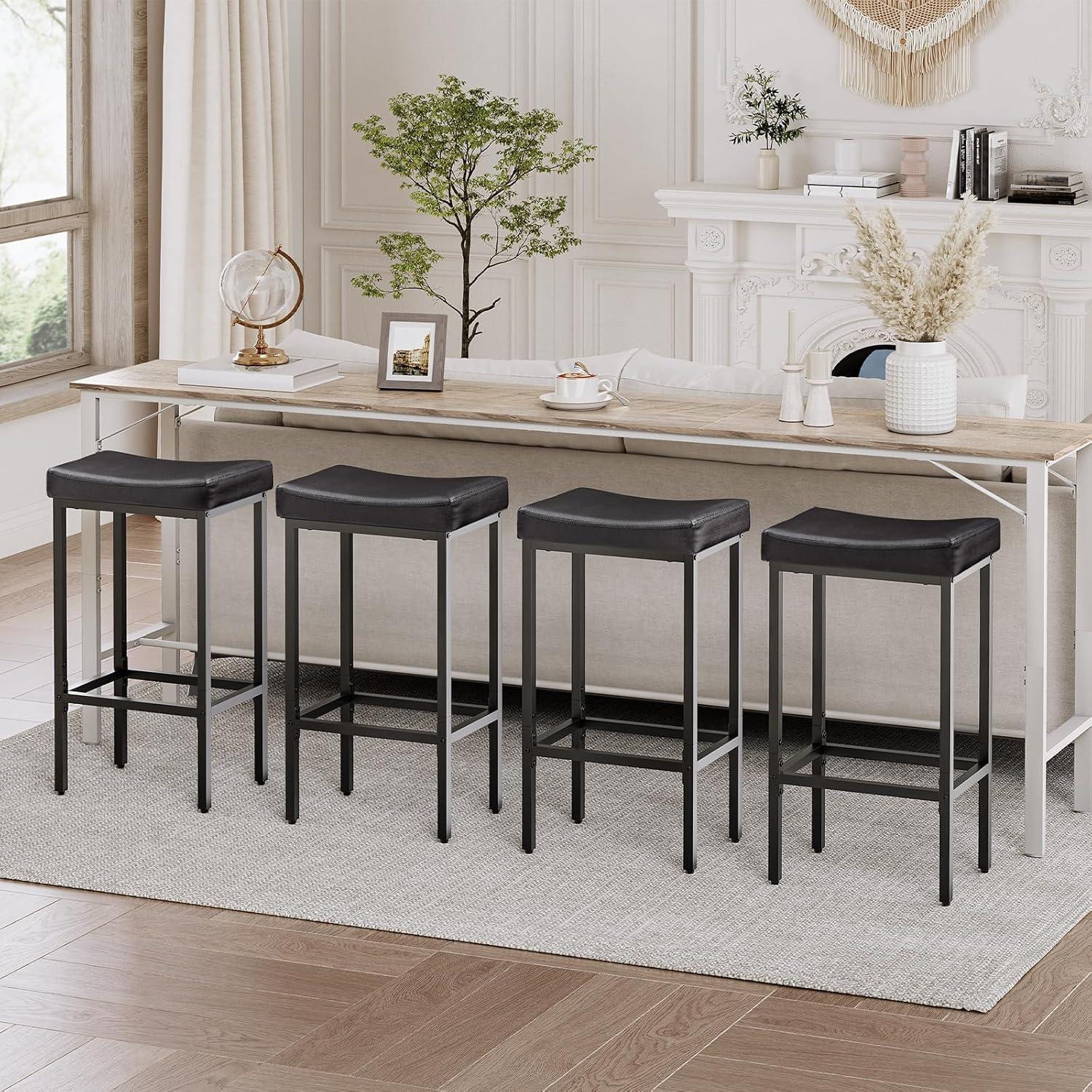 edx Bar Stools Set of 4, Modern Counter Height, 24 Inch Kitchen Barstools with Metal Base, PU Leather Saddle Seats for Kitchen Island, Black