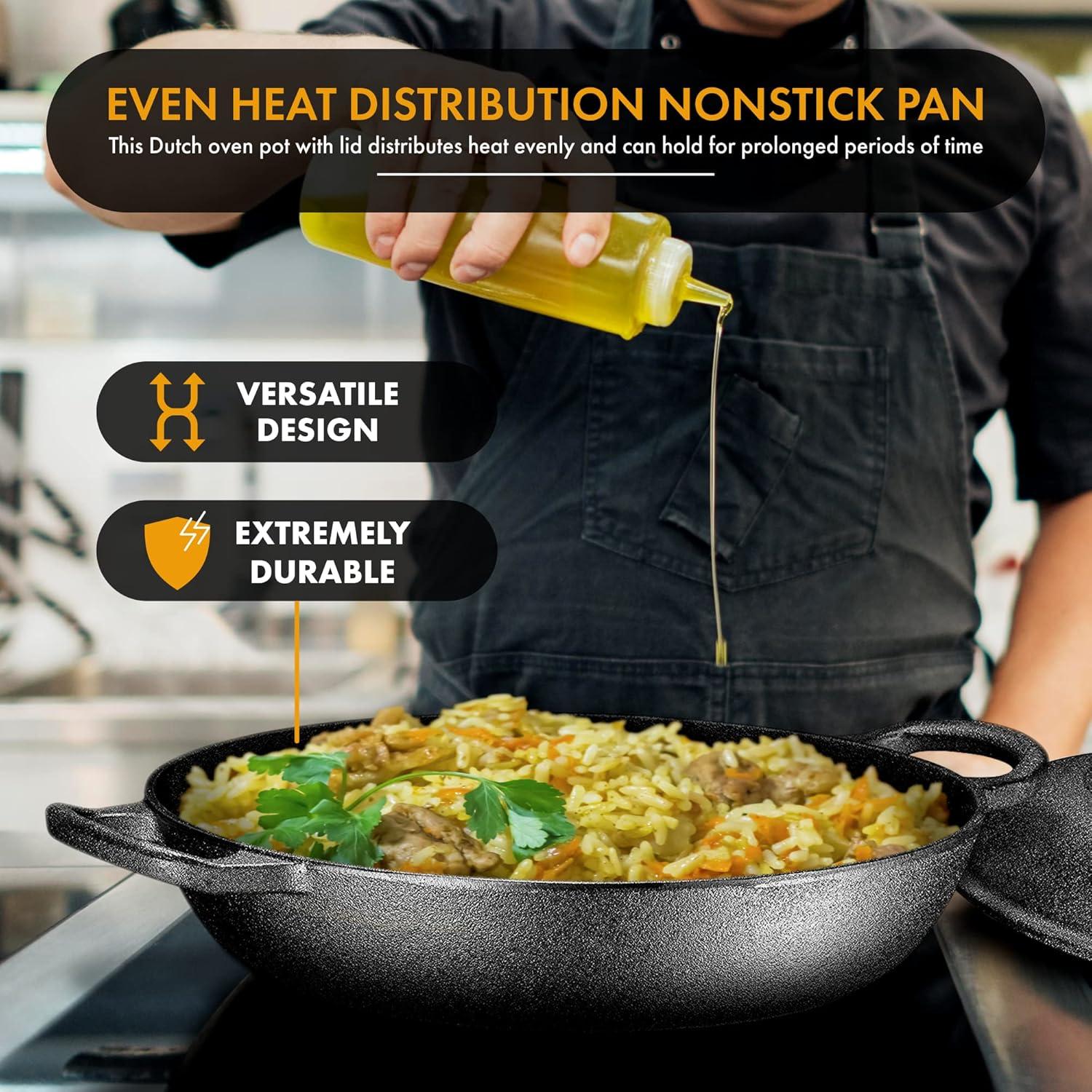 Bruntmor | Heavy Duty Pre-Seasoned Cast Iron Casserole Braiser - Pan With Cover