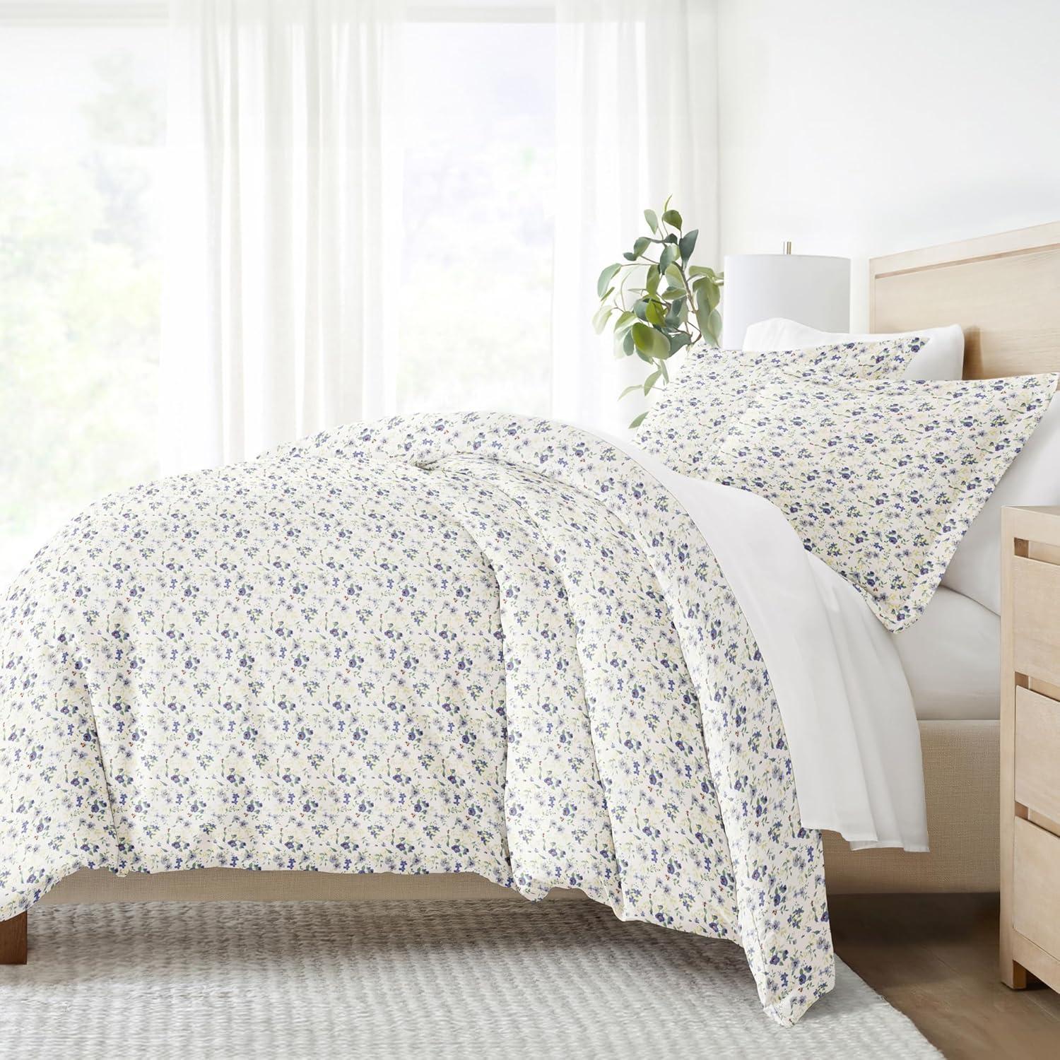 Light Blue Floral Microfiber Queen Duvet Cover Set