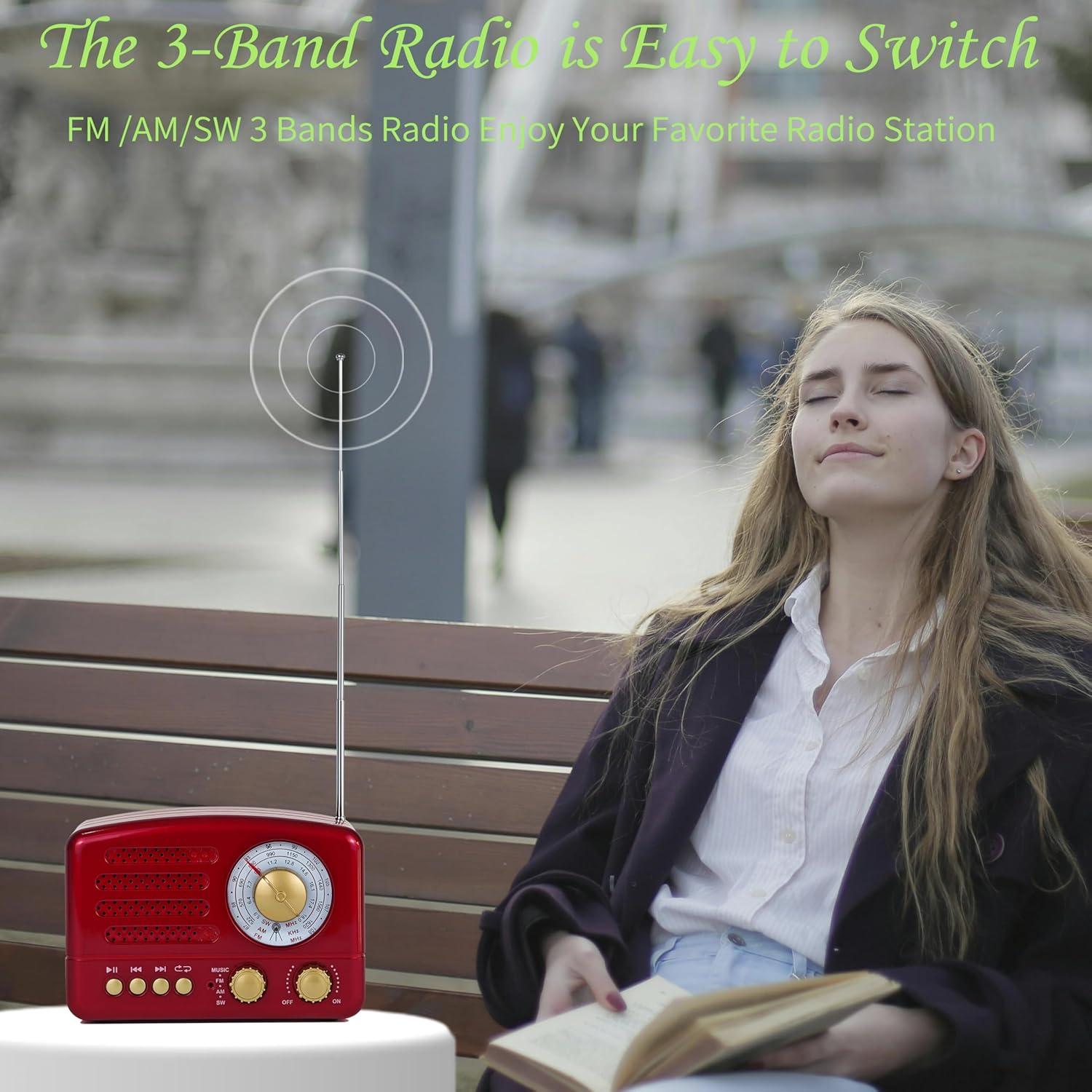 Retro Portable AM/FM Vintage Radio with Bluetooth, Transistor Radio Receiver, Rechargeable Battery, Support TF Card, AUX, USB, MP3 Player for Elder (Red)