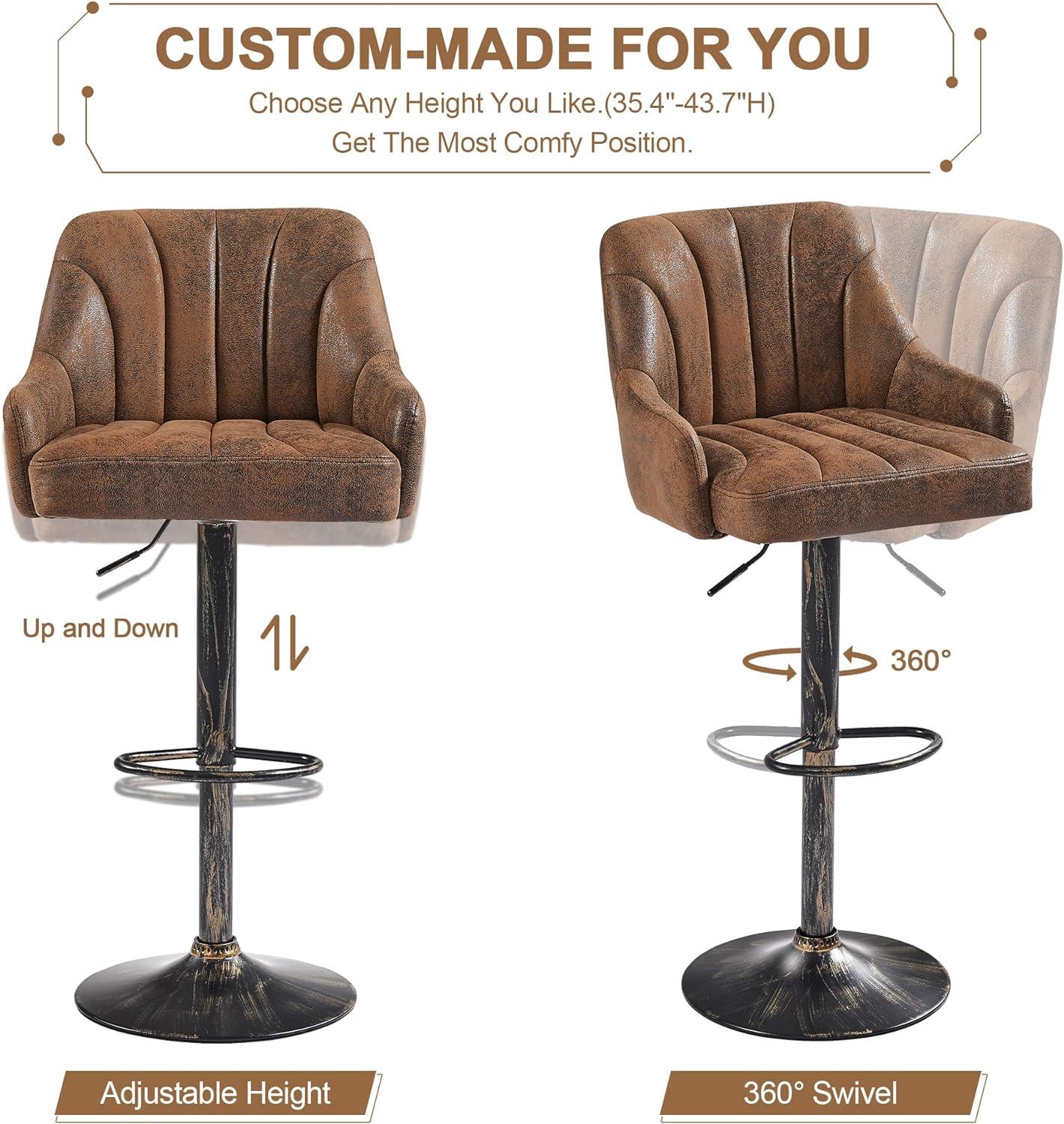 VECELO Set of 2 Swivel Bar Stools, Adjustable Counter Height Barstools Faux Leather Chair with Backrest and Armrest, Dark Brown