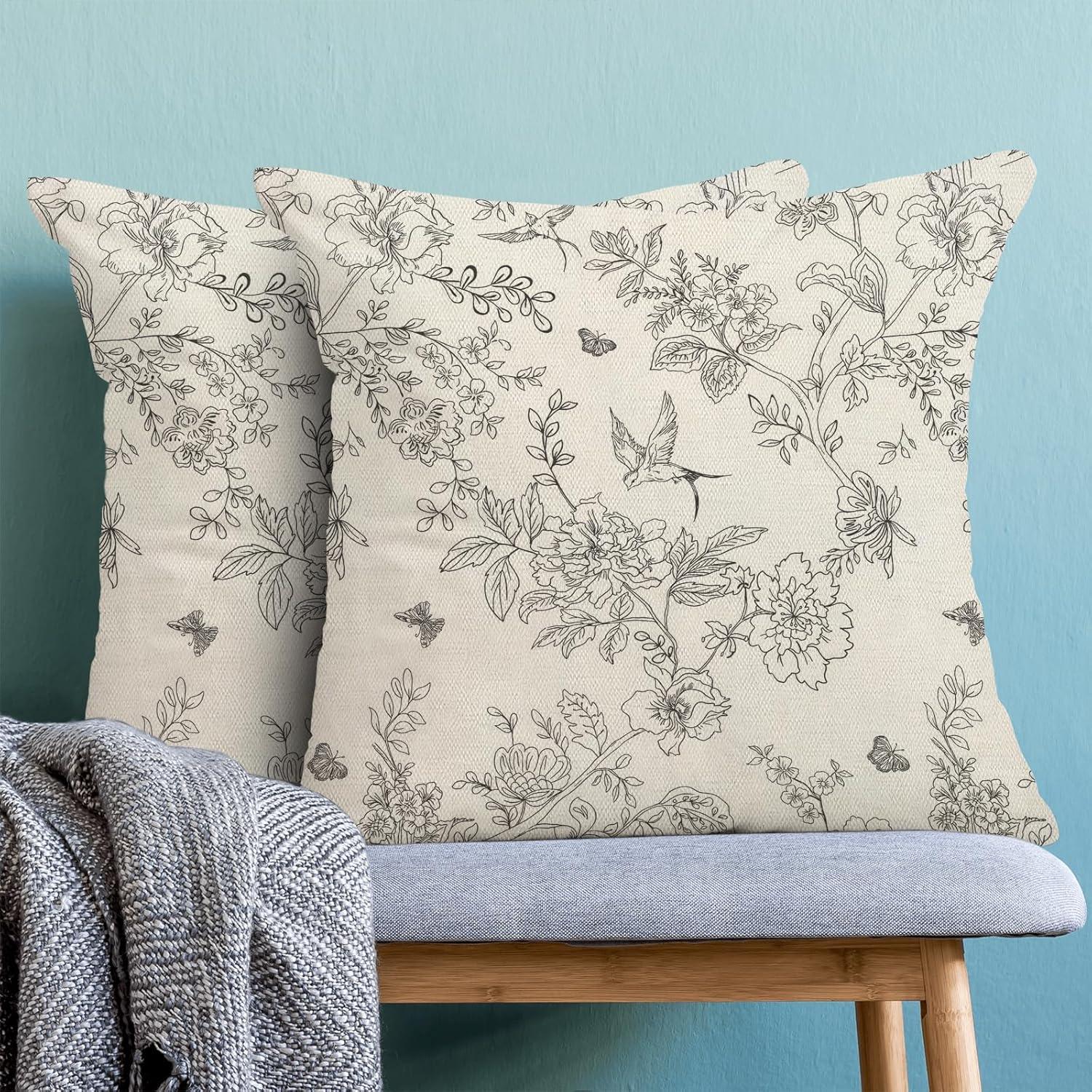 Chinoiseries Spring Pillow Covers 18x18 Set of 2, Black White Birds and Floral Throw Pillows Farmhouse Vintage Outdoor Decorative Cushion Case Decorations for Home Couch Sofa