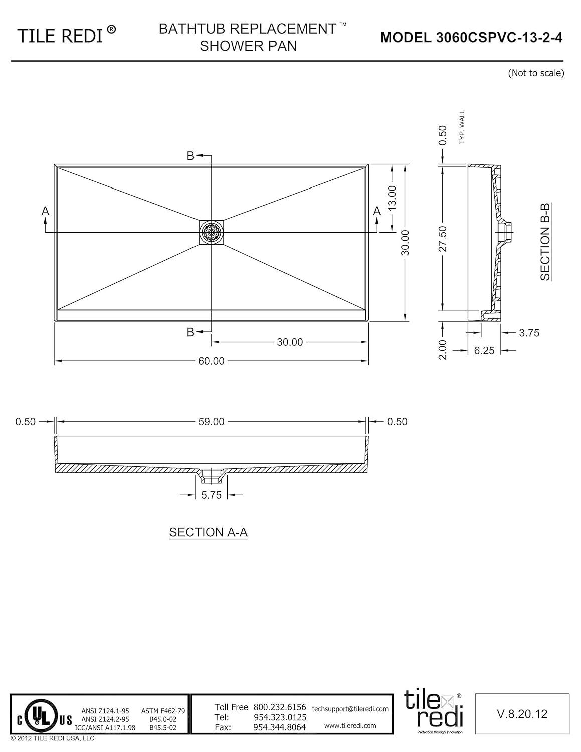Tile Redi 3060Rspvc Redi Base 30" X 60" Rectangular Shower Base - Chrome