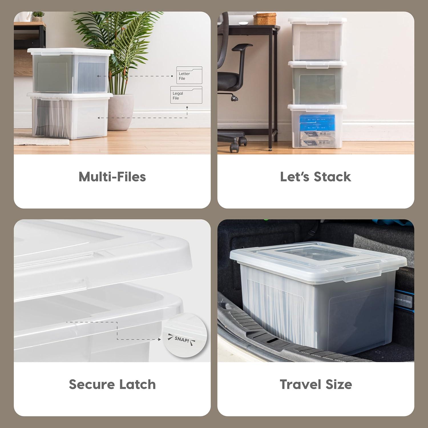 IRIS USA 35 Qt. 4Pack File Box File Organizer Plastic File Box for Letter/Legal File, BPA-Free Plastic Storage Bin Tote Organizer, Clear