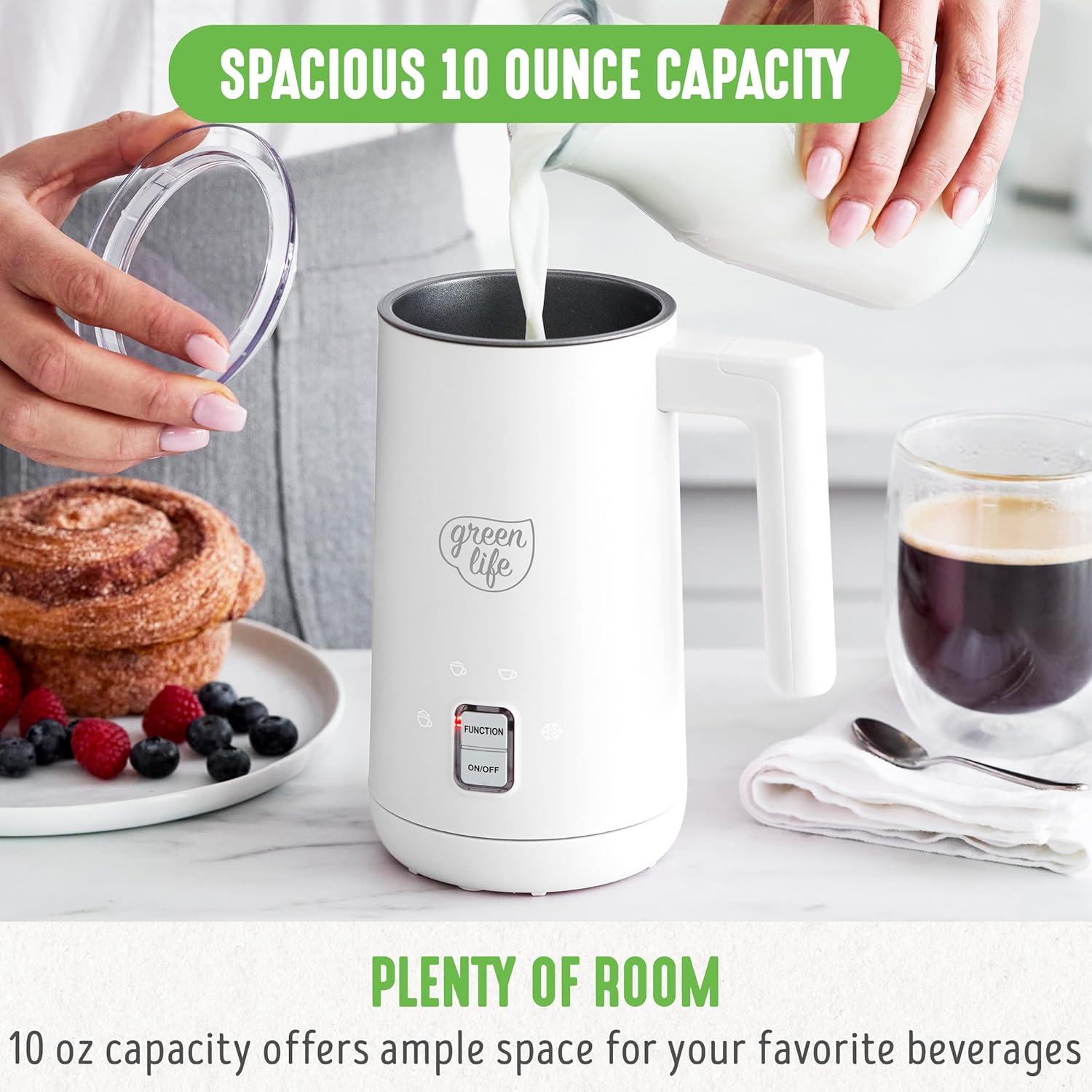 GreenLife GreenLife 10oz Electric Milk Frother, 4-in-1 Hot and Cold Milk Warmer and Steamer, PFOA / PFAS Free