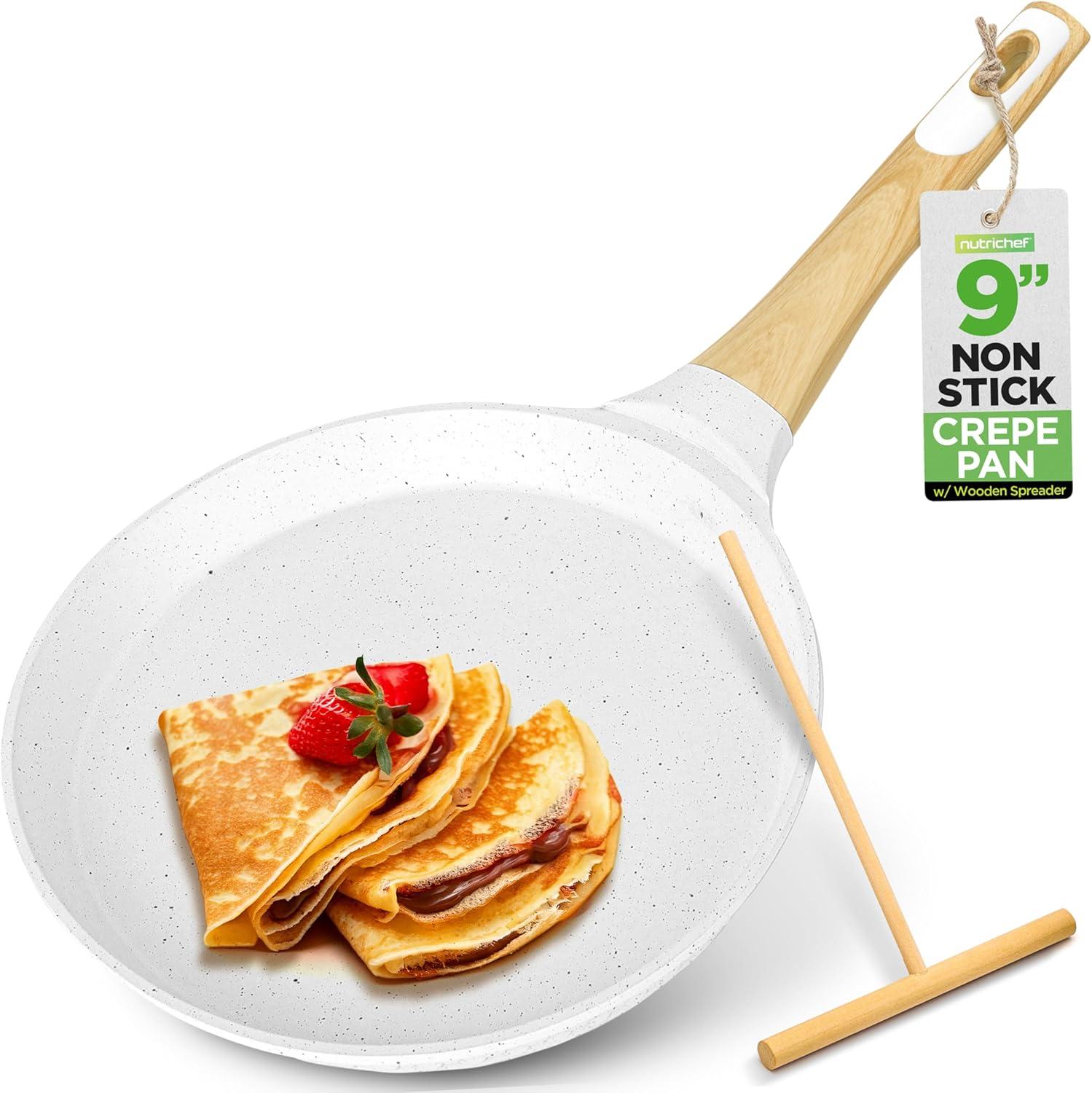 NutriChef Nutrichef 9.45” Non-Stick Crepe Pan With Wooden Spreader, Durable Marble Coated Dosa Pan, Bakelite Handle And Induction Bottom, Pfoa/Pfos Free, Dishwasher Safe, Even Heat Distribution