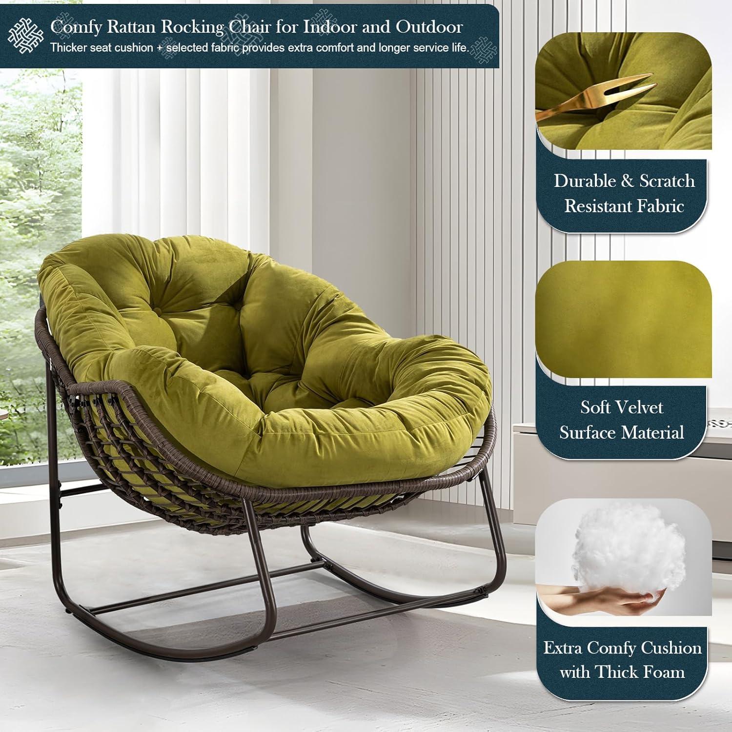 KINFFICT Outdoor Rocking Chair,Oversized Rattan Egg Chair,Indoor Outside Padded Cushion Rocker Recliner Chair,Modern Lounge Chair for Front Porch,Garden,Backyard,Balcony,Deck,Olive Green,Set of 1