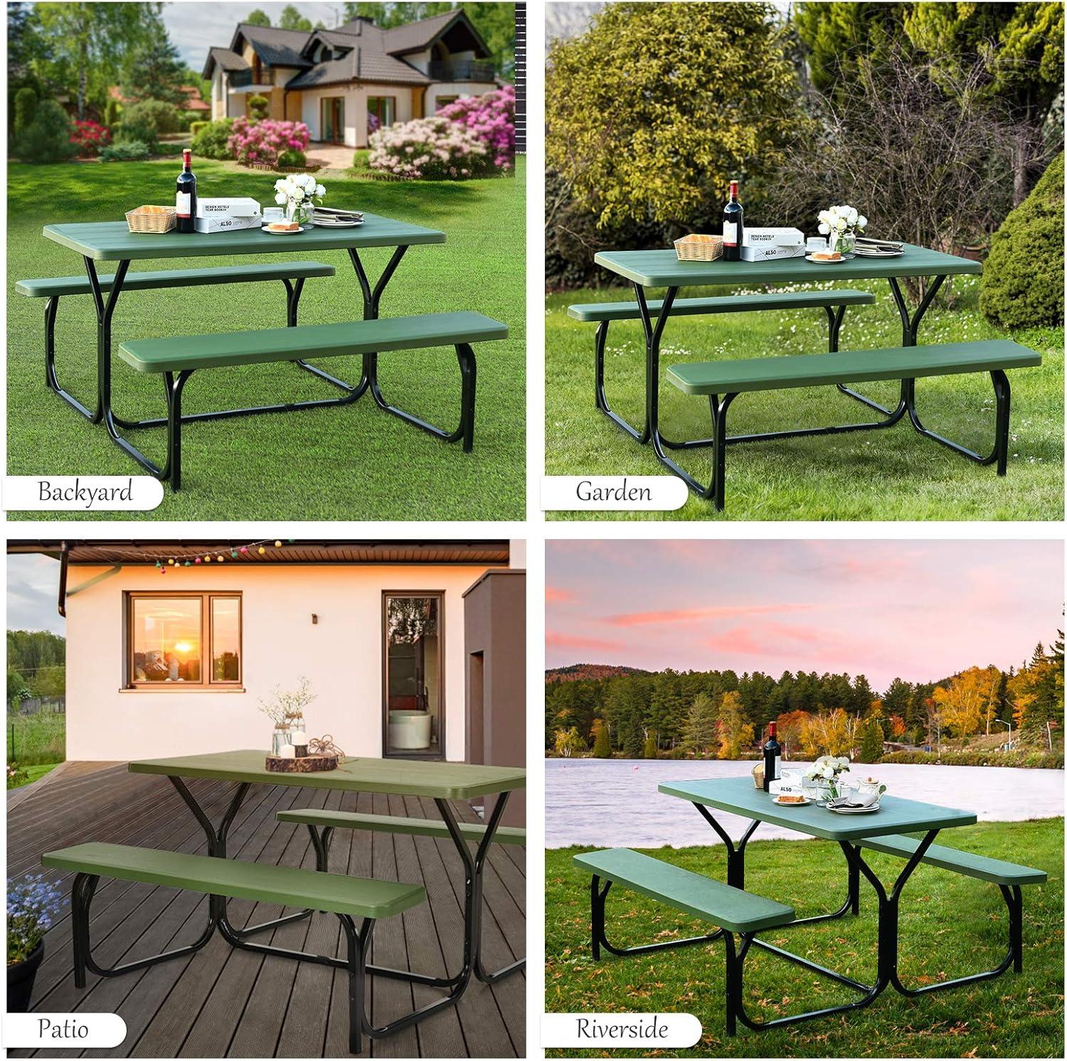 Giantex Picnic Table Bench Set Outdoor Camping All Weather Metal Base Yard Pool Dining Party Garden Patio Lawn Deck Large Camping Table (Green)