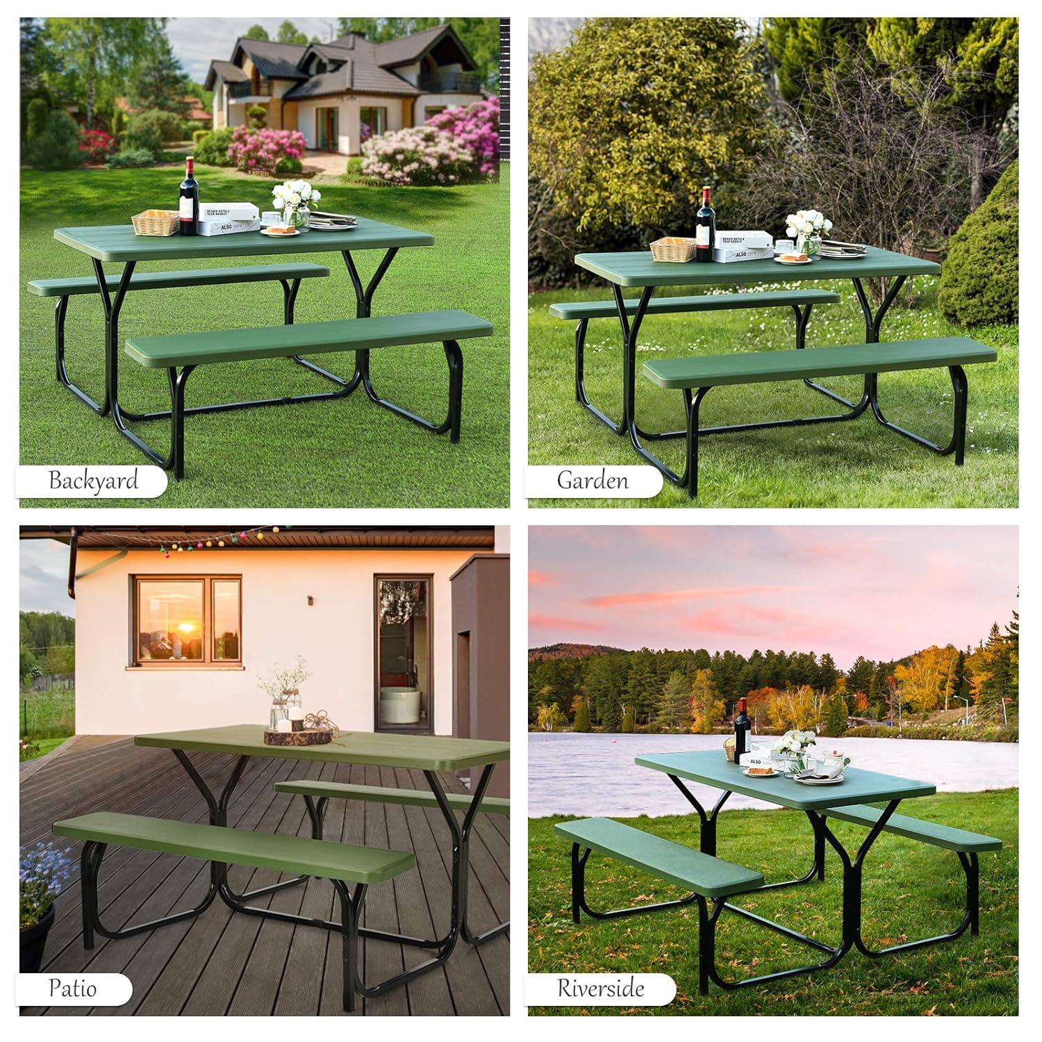 Giantex Picnic Table Bench Set Outdoor Camping All Weather Metal Base Yard Pool Dining Party Garden Patio Lawn Deck Large Camping Table (Green)