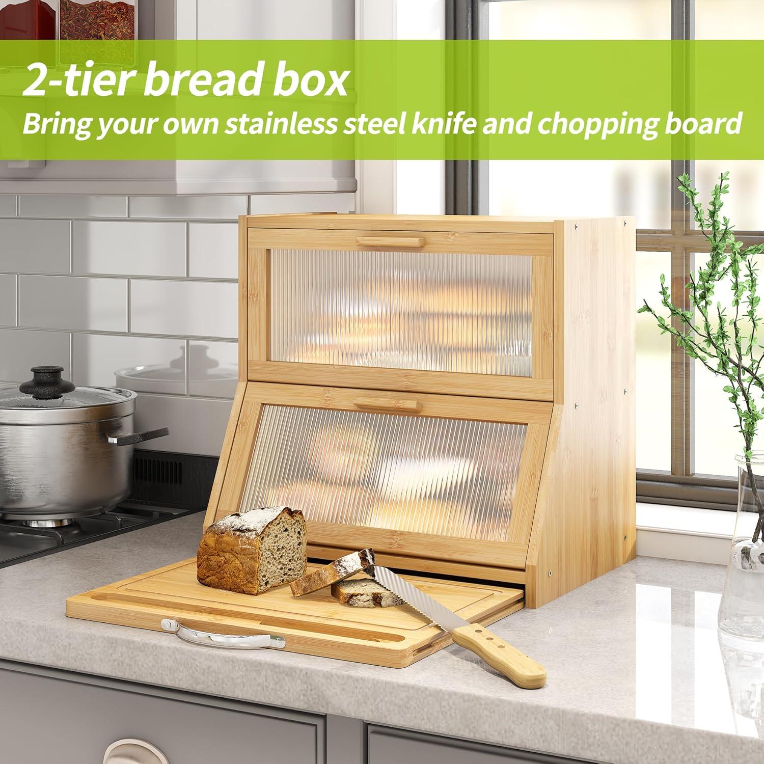 Prep & Savour Large Bread Box For Kitchen Counter, Bamboo Wooden Double Layer Large Capacity Bread Storage Bin With Acrylic Wavy Door Panel (Natural + Cutting Board)