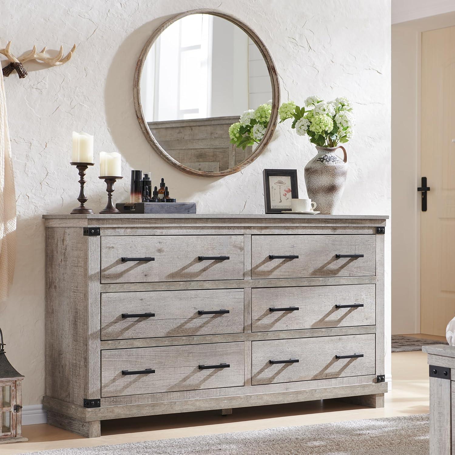 Farmhouse 6 Drawers Dresser, Large Wood Chest of Drawers with Handle for Bedroom, Living Room, Light Rustic Oak