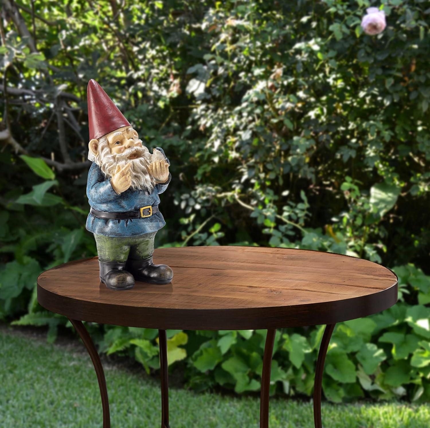 Alpine Corporation 12" Tall Outdoor Garden Gnome with Bird Yard Statue Decoration, Multicolor
