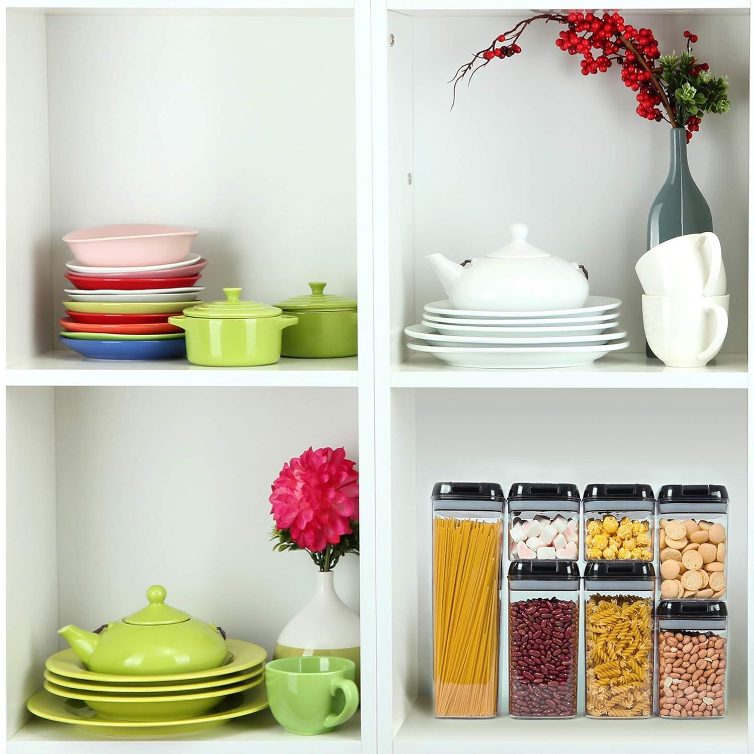 Juego de 7 Recipientes Herméticos para Almacenamiento de Despensa de Alimentos con Marcador de Borrado en Seco y Etiquetas, Negro