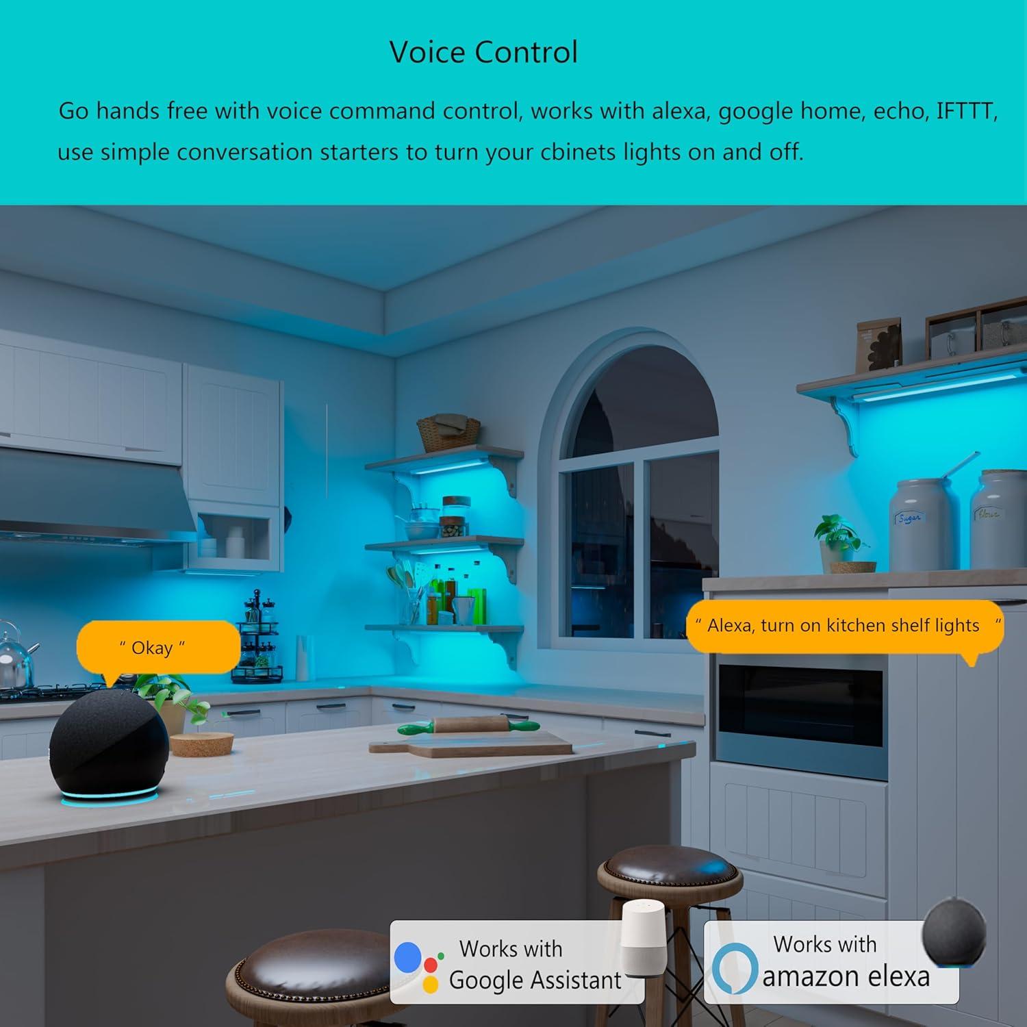 Smart Under Cabinet Lighting Strip Lights White & Color Changing Dimmable Work with Alexa Google Smart Thing Phone App, RGB Multi Colored Lamp for Kitchen Counter Light Fixture (6 Lights Bar Kit)