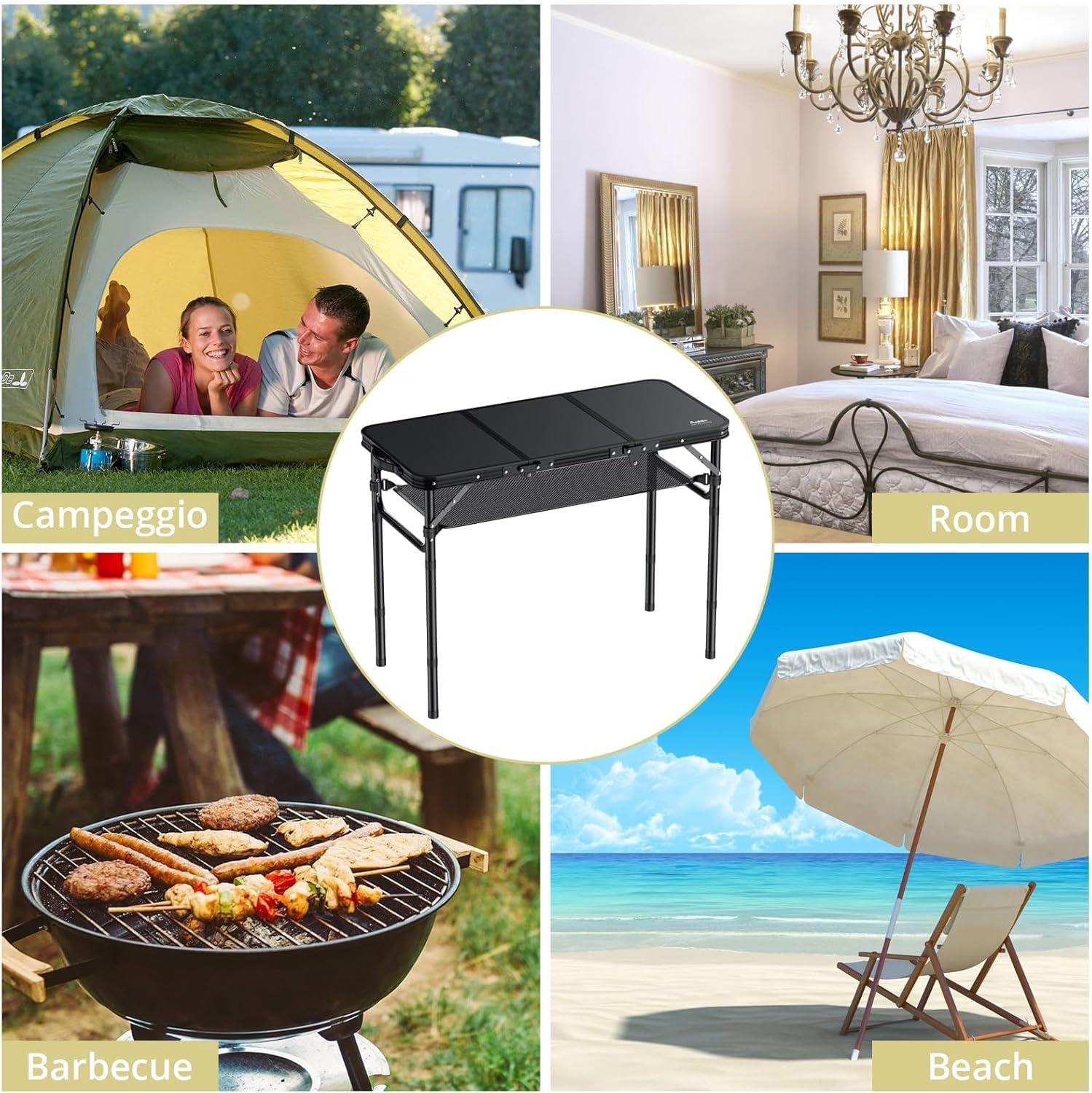 Black Aluminum Folding Camping Table with Adjustable Heights and Storage Net