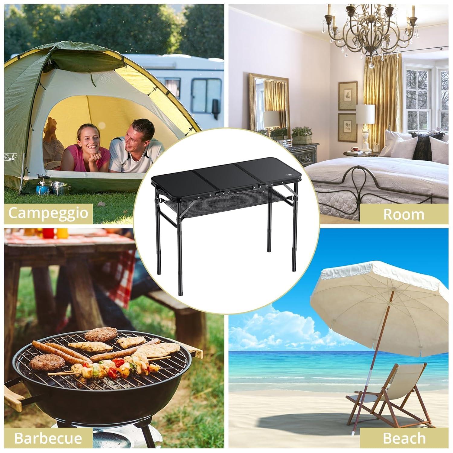Black Aluminum Folding Camping Table with Adjustable Heights and Storage Net