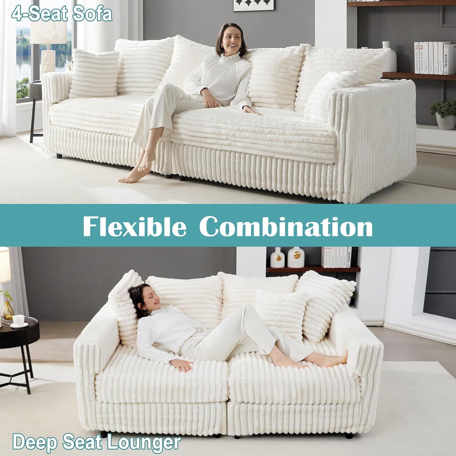 104.3''Cloud Sectional Couch,Oversized Living Room Convertible Sofa, Plush Corduroy Sofa W/6 Soft Pillows,4 Deep Seat Memory Foam Couches,Plush Couch for Living Room, Apartment (Beige)