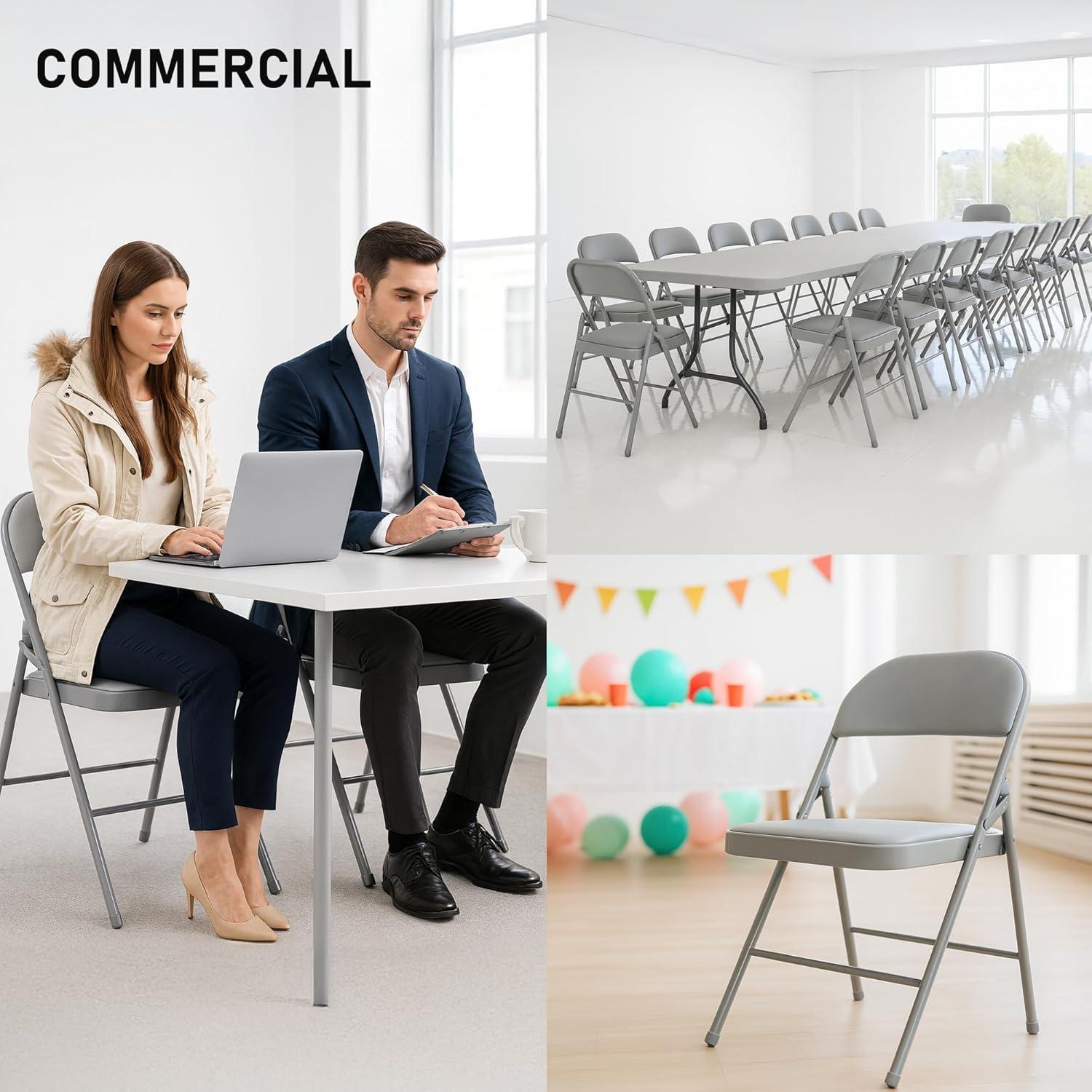 Folding Chairs with Padded Cushion and Back, 4pcs Potable Iron & PVC Durable Chairs for Indoor and Outdoor, School, Office and Garden Party, Gray