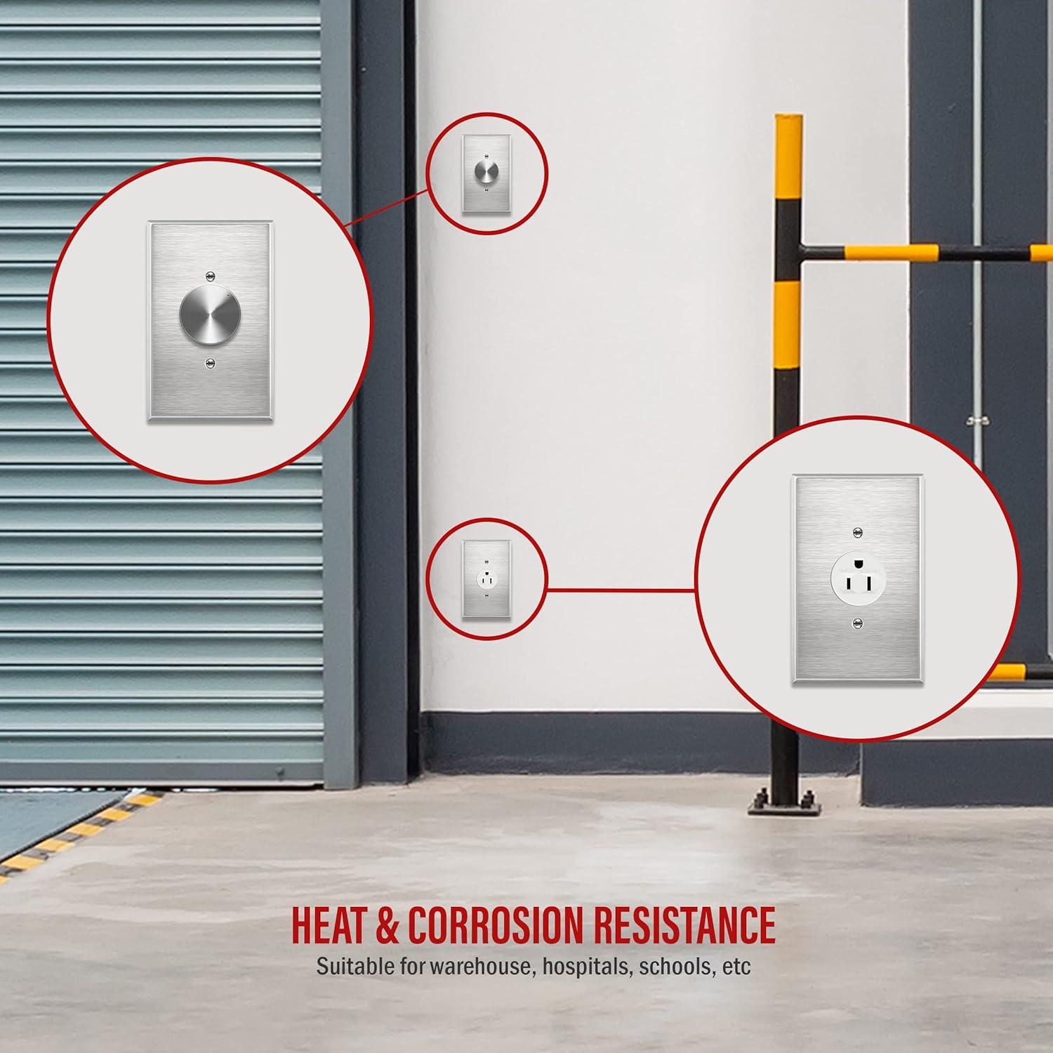 ENERLITES 1.406" Hole Single Receptacle Outlet Metal Wall Plate, Corrosive Resistant, Over Size 1-Gang 5.5" x 3.5", 7751O, 430 Stainless Steel, UL Listed, Silver
