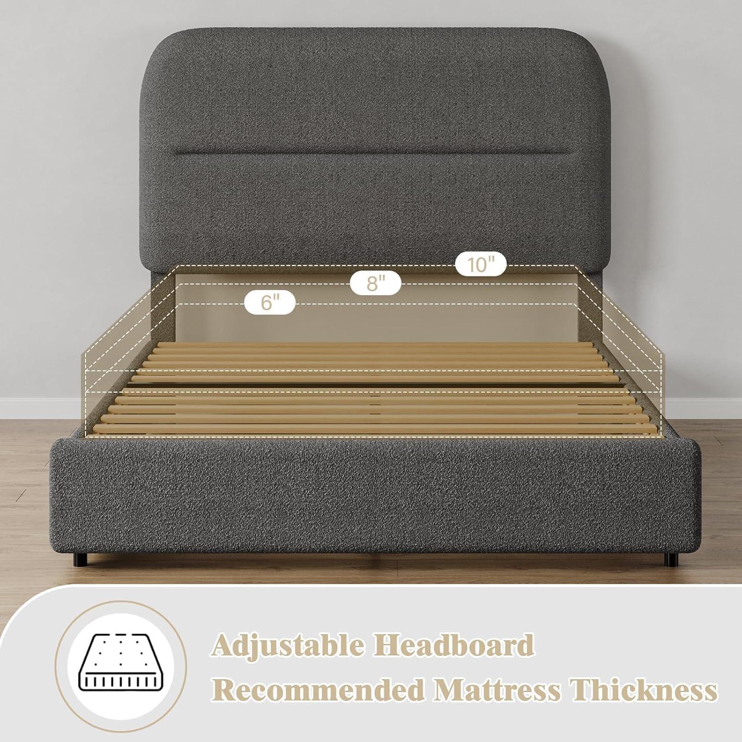 Manfred Boucle Upholstered Cloud Bed Frame with Rounded Corners Headboard, Soft Platform Bed Frame with Thickened Footboard