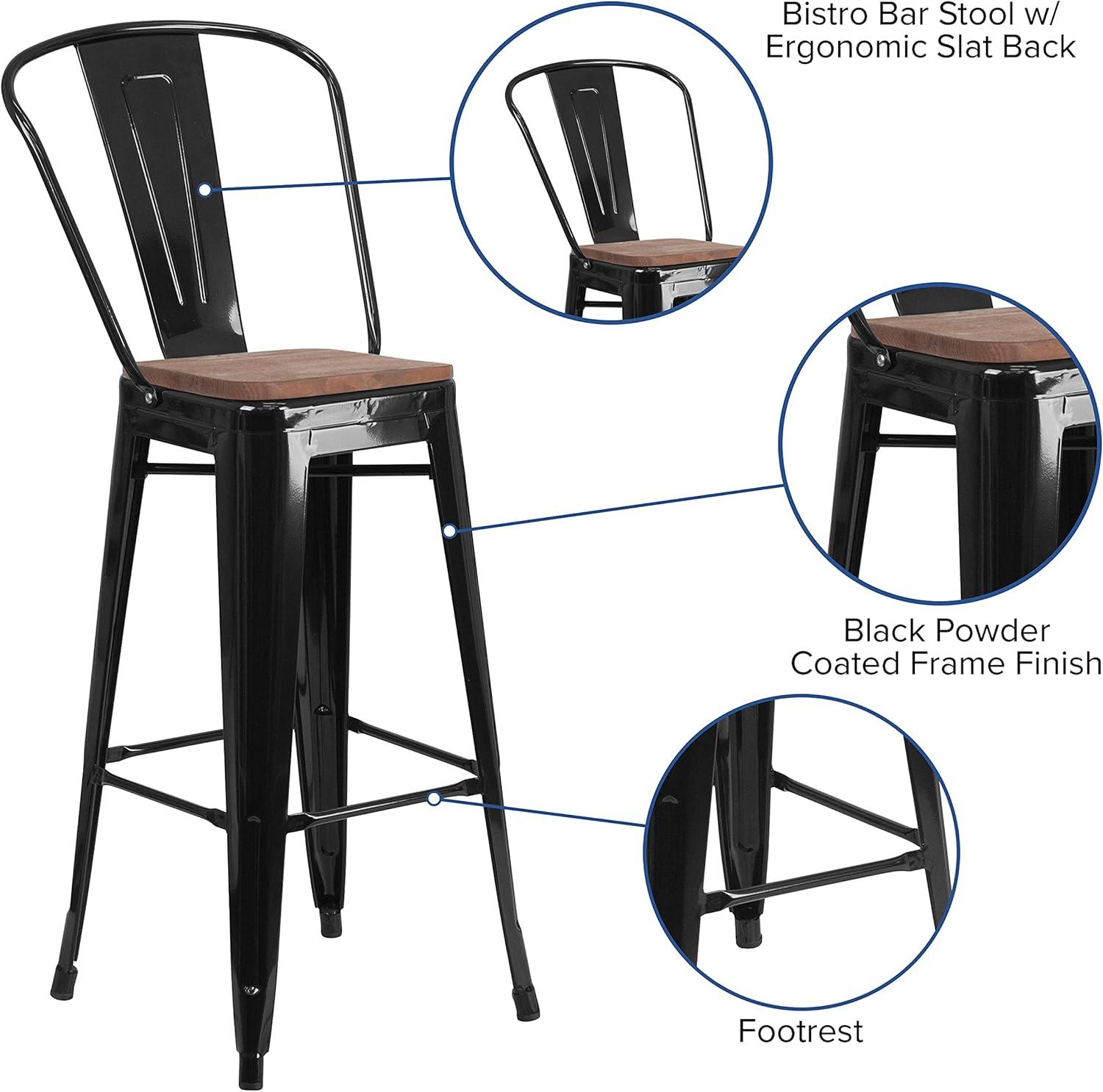 Emma and Oliver 30"H Blue Metal Barstool with Back and Wood Seat