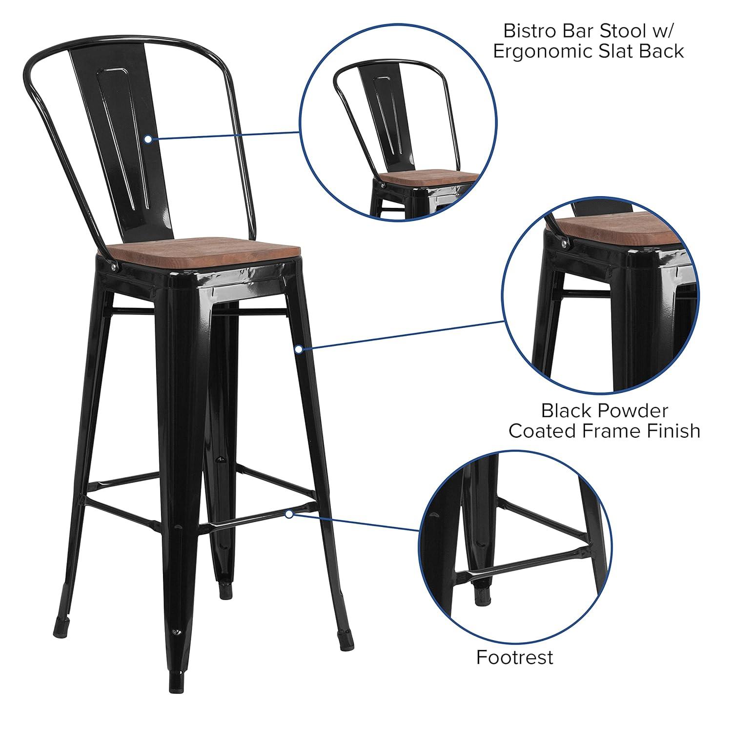 Emma and Oliver 30"H Blue Metal Barstool with Back and Wood Seat