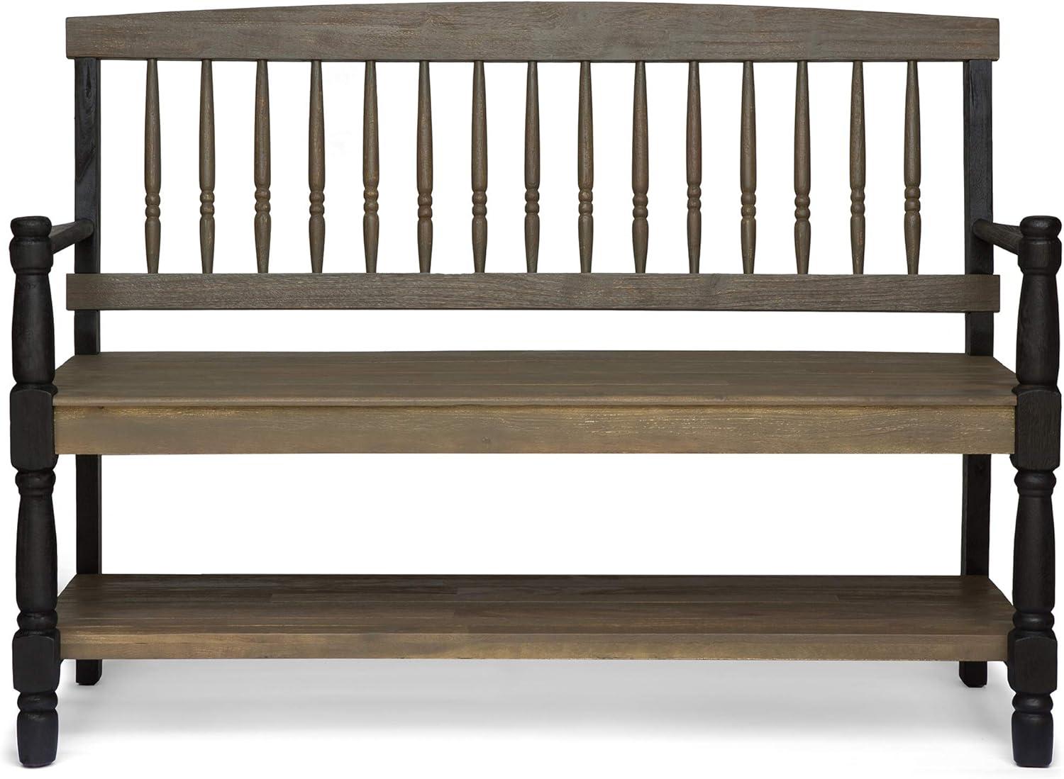 Gray and Black Acacia Wood Farmhouse Bench with Shelf