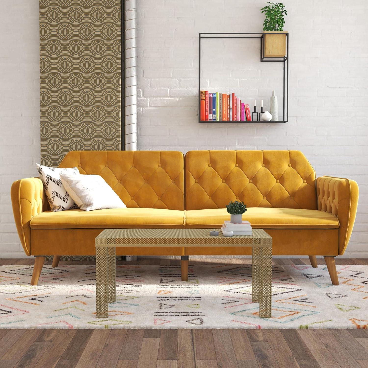 Tallulah Memory Foam Futon and Sofa Bed Mustard Yellow - Novogratz: Velvet Upholstery, Split-Back Design, Wooden Legs