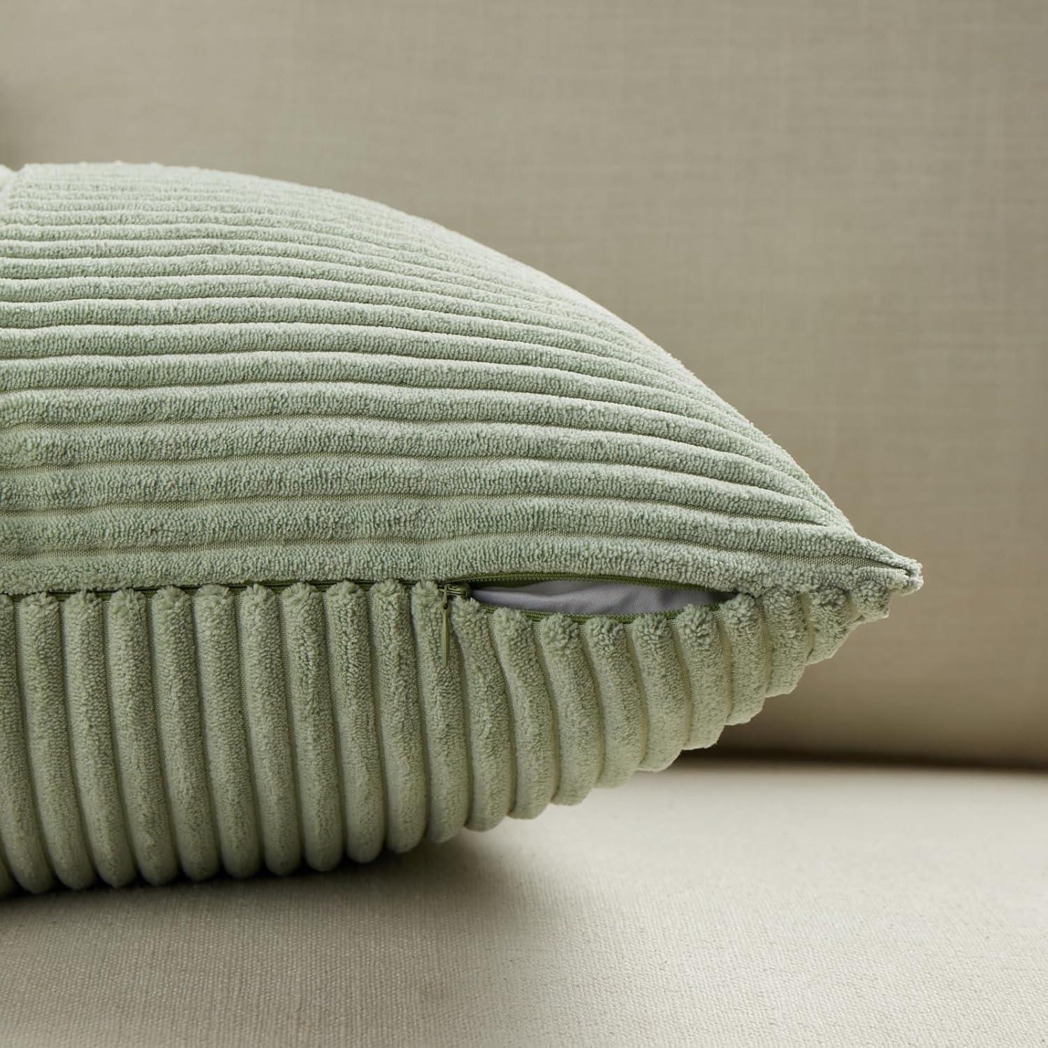 Boho Sage Green Striped Corduroy Pillow Covers - Set of 2 | Farmhouse Rectangle Cushion Cases for Sofa Couch Bed | Soft Decorative Throw Pillowcases - 12x20 Inch Home Decor