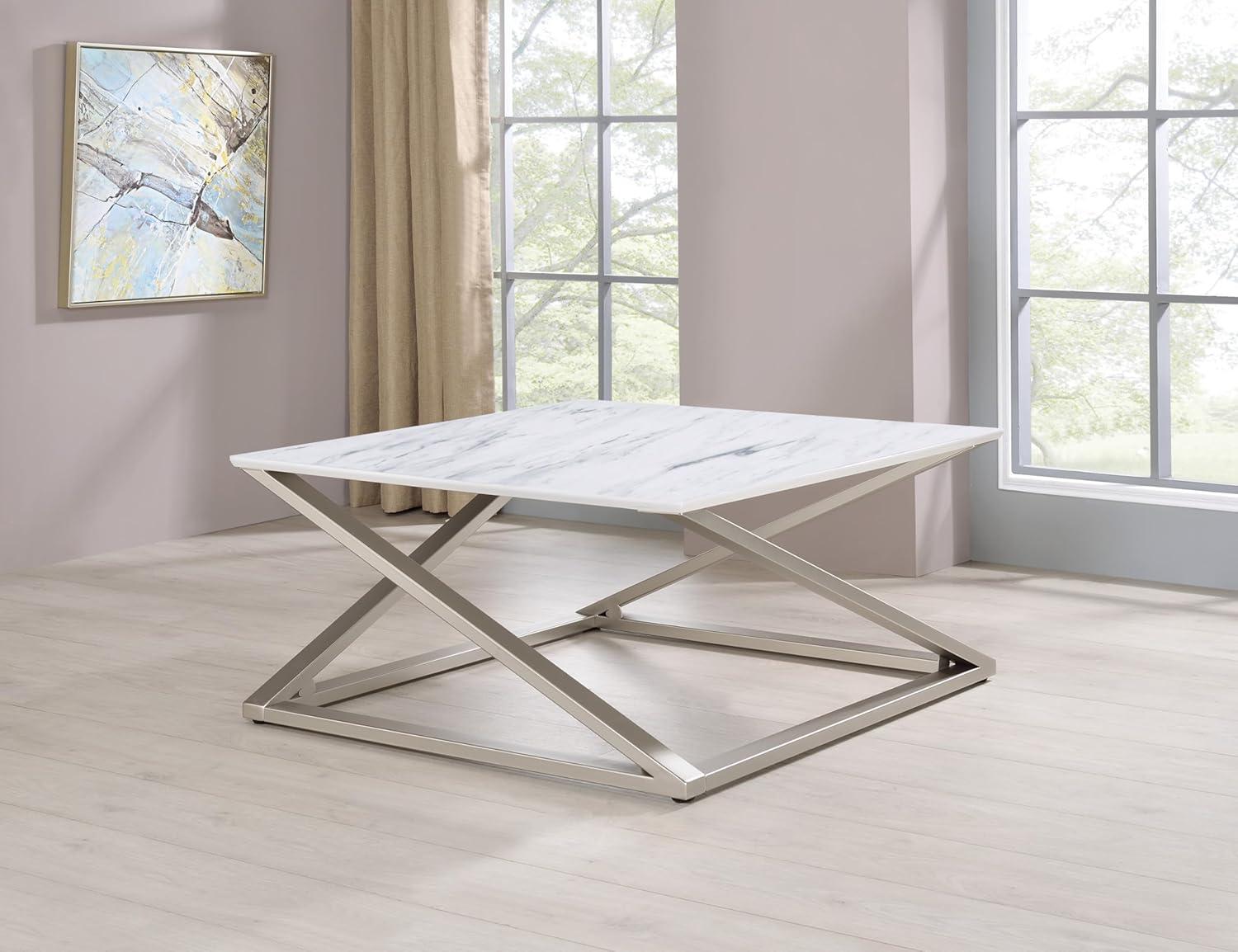 Zurich Square Cocktail Table White/Chrome - Steve Silver Co.: Faux Marble Top, Metal Base, Contemporary Design