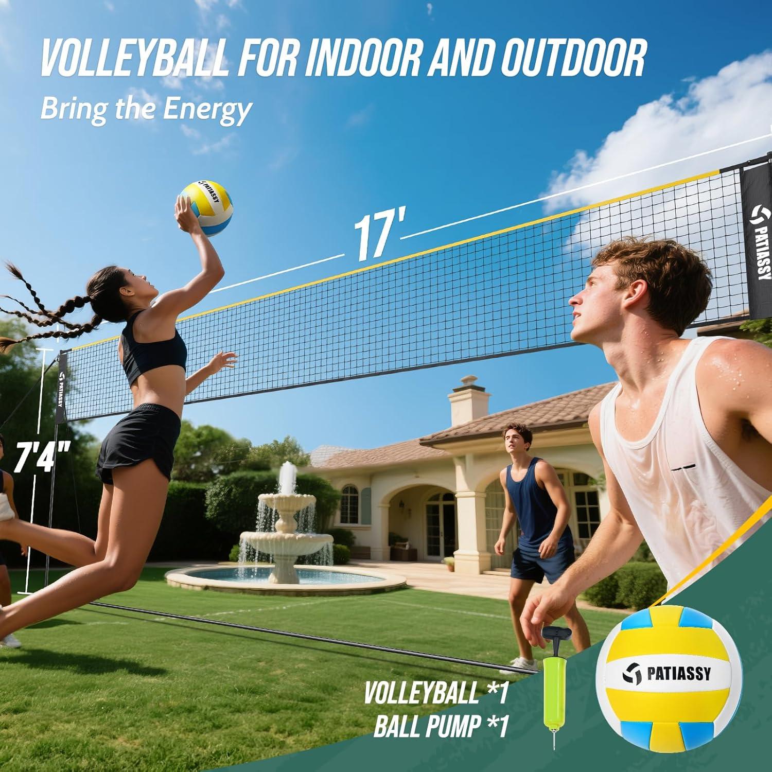 17FT Badminton Volleyball Combo Net Set for Backyard, 5.1ft-7.4ft Adjustable Heigh Portable Sports Net with Poles, 4 Badminton Rackets, 3 Shuttlecocks and Volleyball for Driveway Game