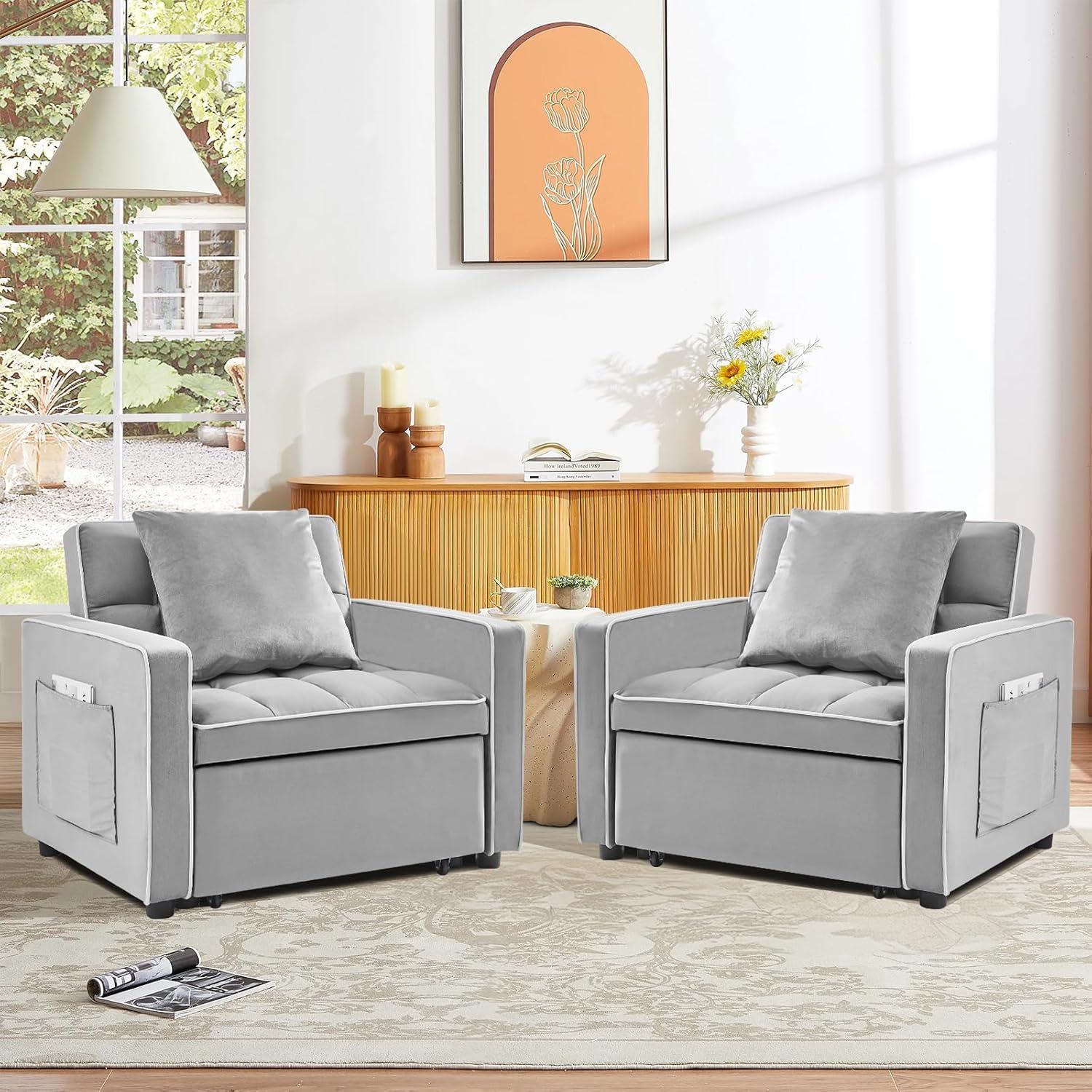 Muumblus Sleeper Sofa Chair Bed, 3-in-1 Convertible Sofa Chair, Modern Adult Velvet Chaise Lounge for Living Room, Gray