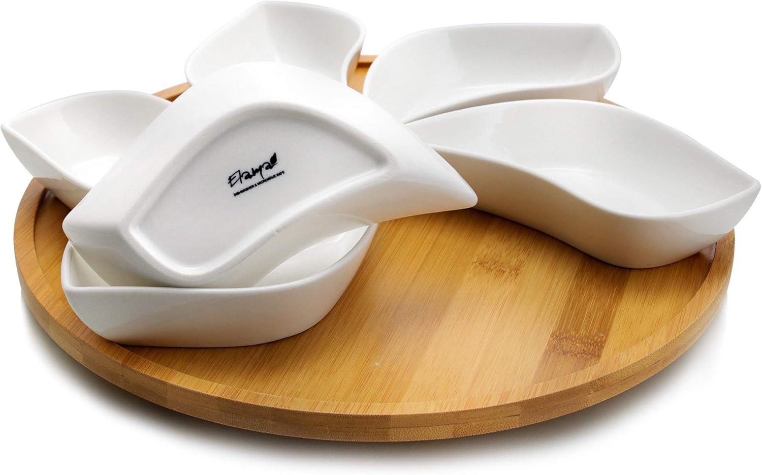 Elama Ceramic Stoneware Condiment Appetizer Set, 7 Piece, Wavy Round in White and Natural Bamboo