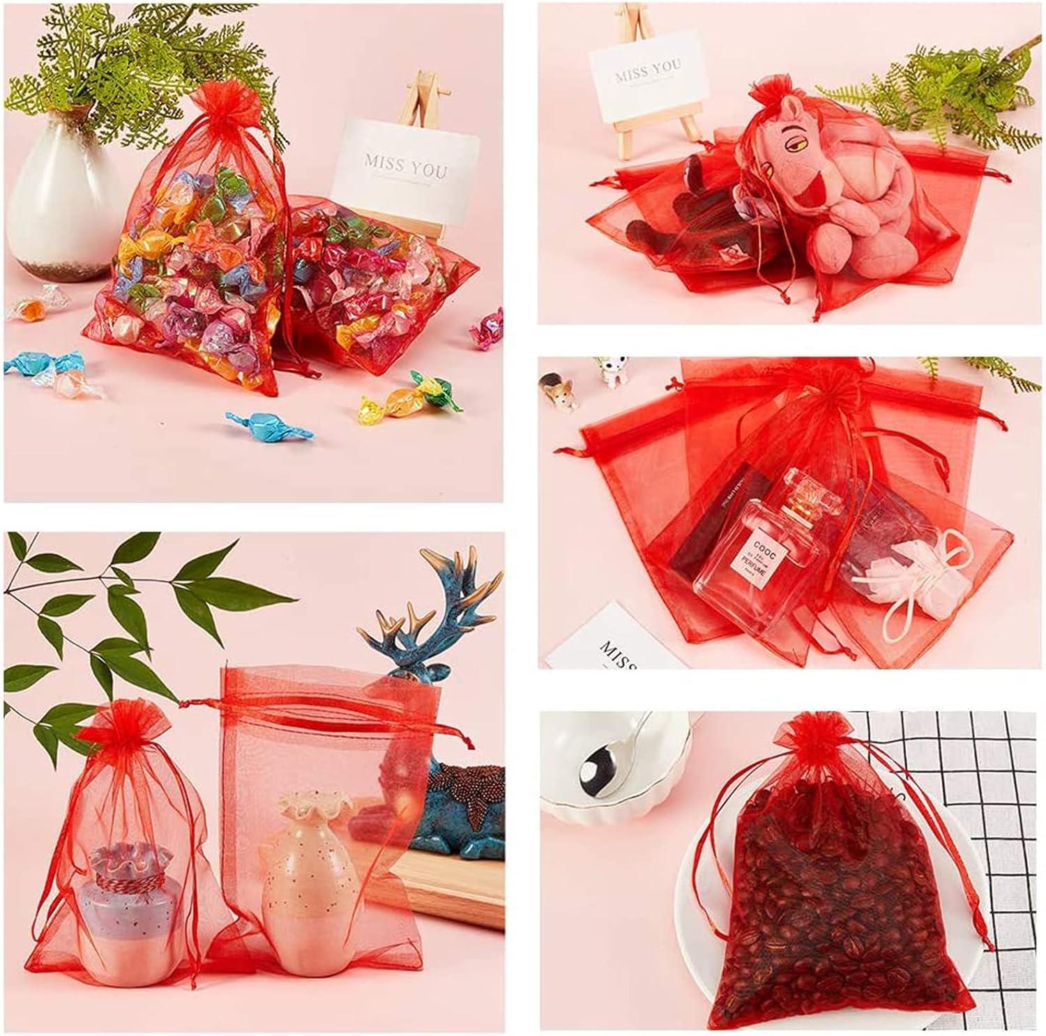 100PCS 4x6inch (10x15cm) Drawstring Organza Jewelry Favor Pouches Wedding Party Festival Gift Bags Candy Bags (Red)