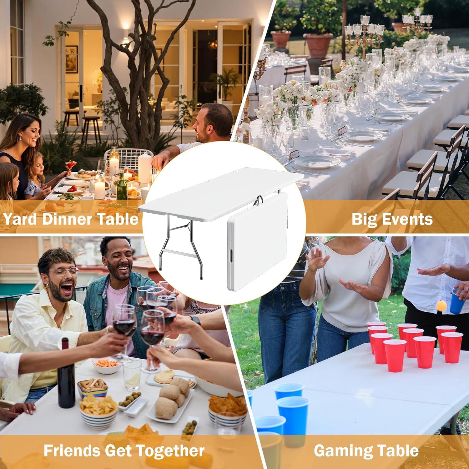 8FT（30" x 96"） Folding Table, Indoor Outdoor Heavy Duty Picnic Table with Carrying Handle,Plastic Fold up Table for Picnic, Party, Camping，Office - White