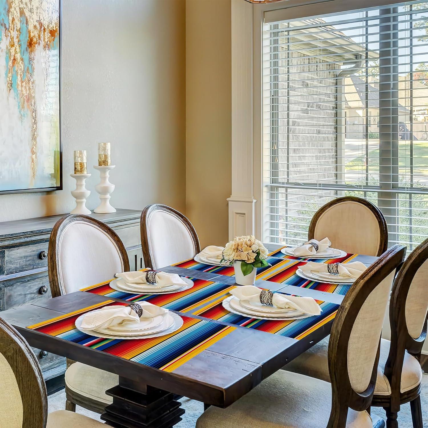 Rainbow Colorful Stripe Mexican Placemats Set of 6,Ethnic Mexican,Waterproof Non-Slip Washable Table Mats Set for Kitchen Dining Holiday Party Wedding Decor 12x18 Inch