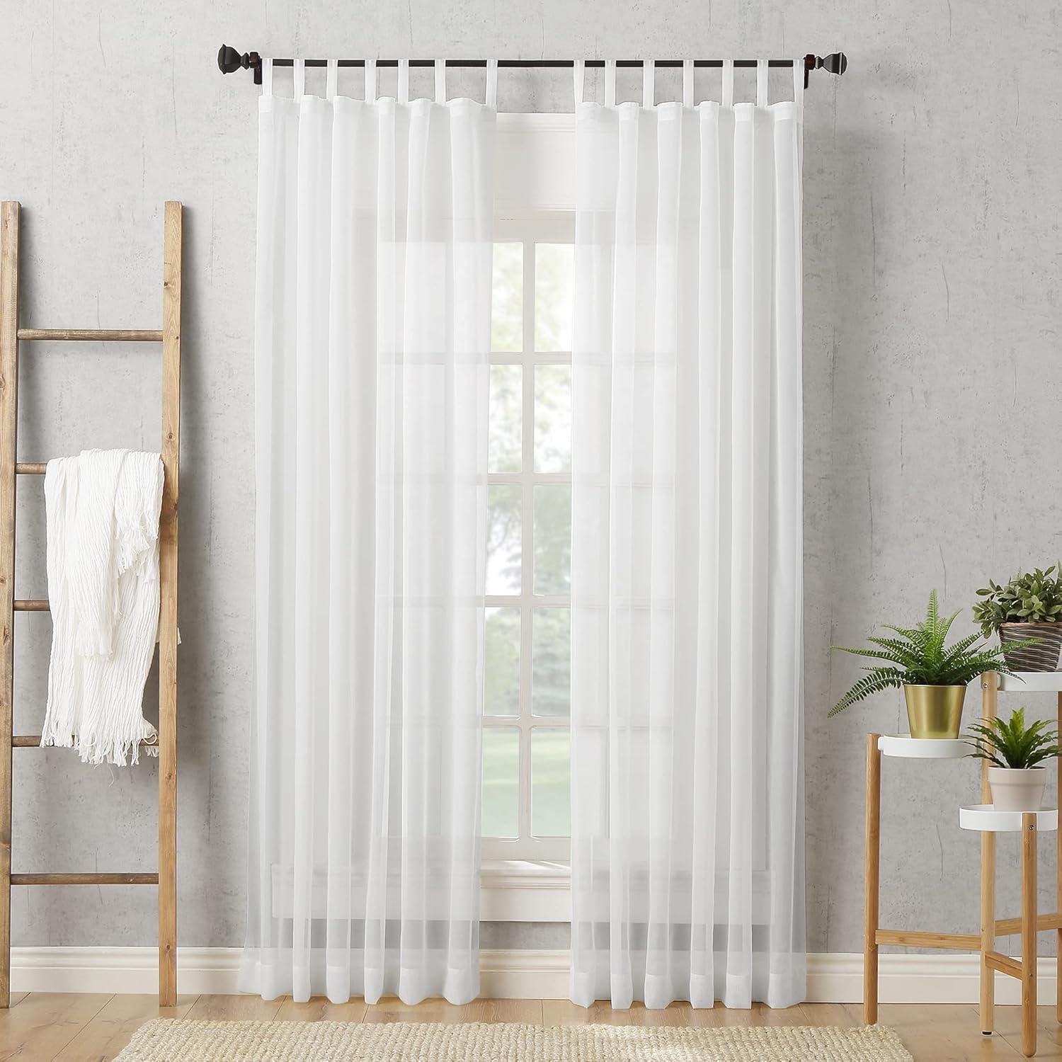 59"x95" No. 918 Sheer Emily Voile Tab Top Curtain Panel White: Sheer Curtain Panels, Machine Washable, Indoor Use